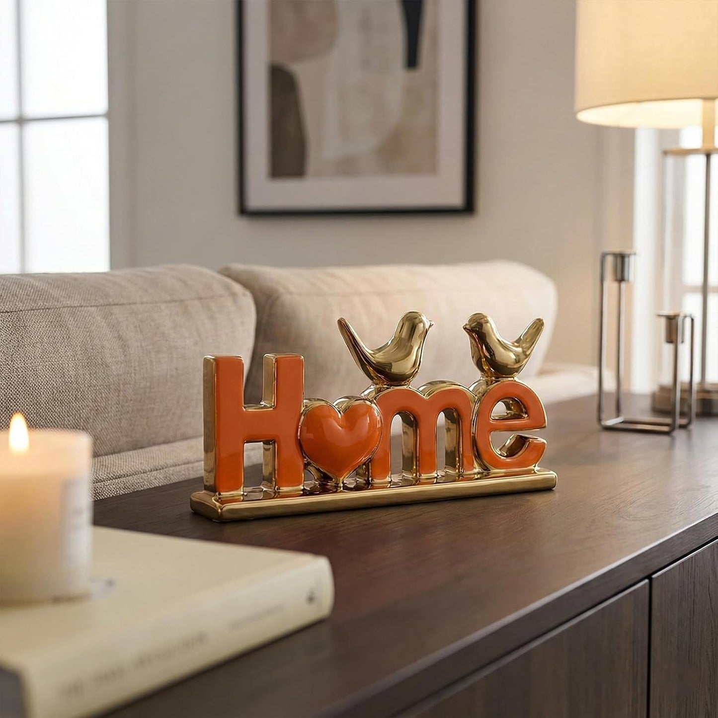 Ceramic Bird Statue / Orange Gold