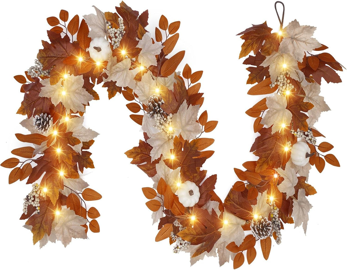 9 Ft Fall Garland with Lights & Timer, Thanksgiving Fireplace Mantel Decor