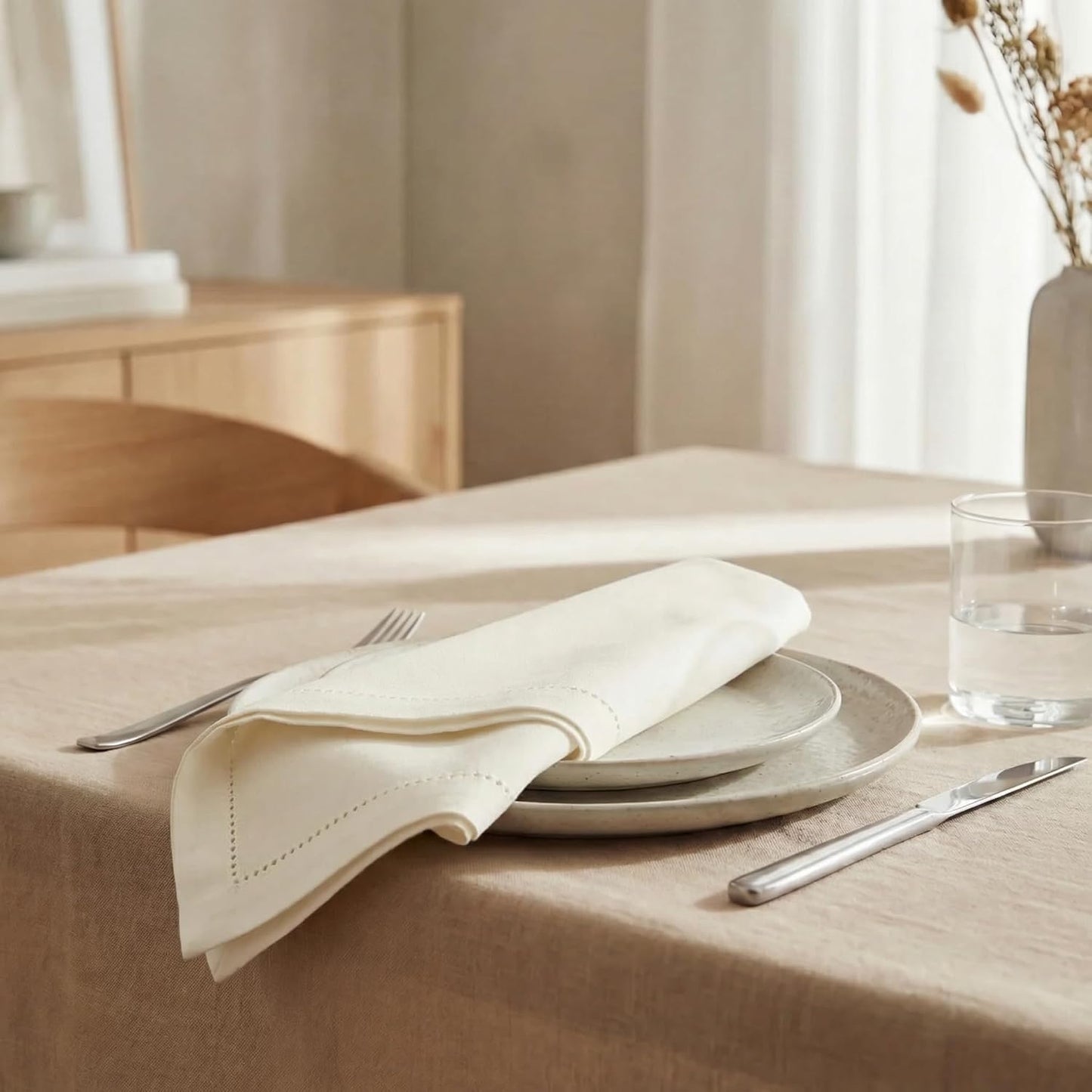 Urban Villa Cloth Napkins Ivory Hemstitch Dinner Napkins Set of 12 (20X20) 100% Cotton Absorbent Washable Durable
