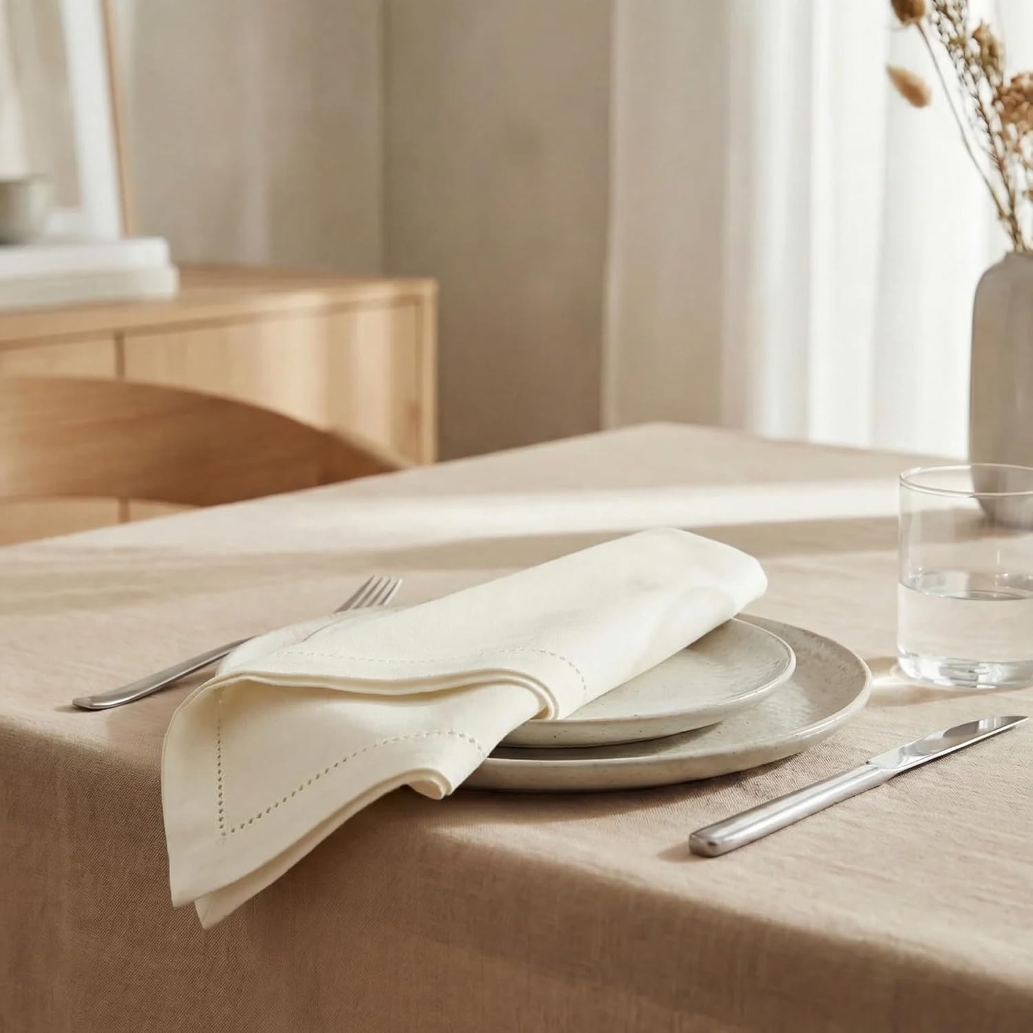 Urban Villa Cloth Napkins Ivory Hemstitch Dinner Napkins Set of 12 (20X20) 100% Cotton Absorbent Washable Durable