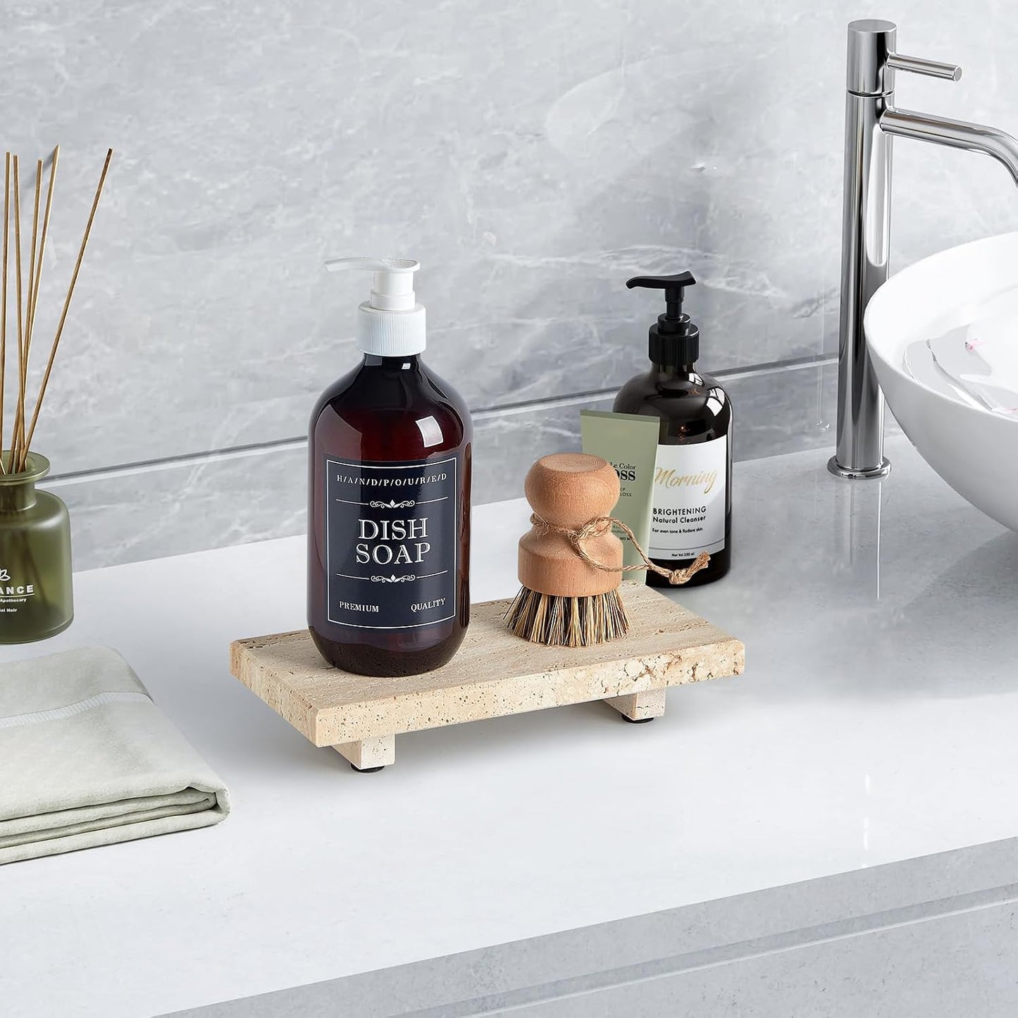 Vanity Organizer / Tray Pedestal Stand / Travertine / 8.7 x 4 x 1.6 / Natural
