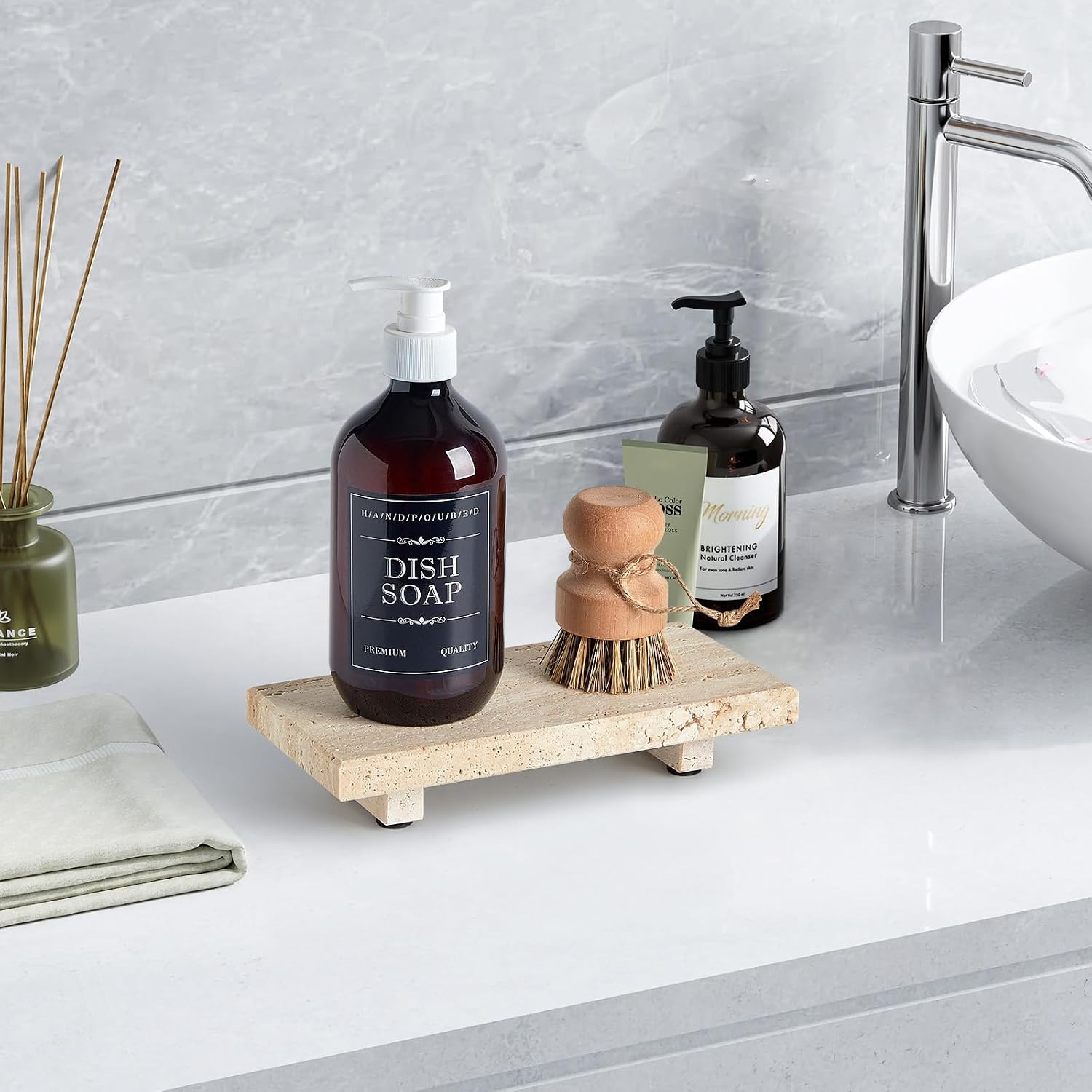 Vanity Organizer / Tray Pedestal Stand / Travertine / 8.7 x 4 x 1.6 / Natural