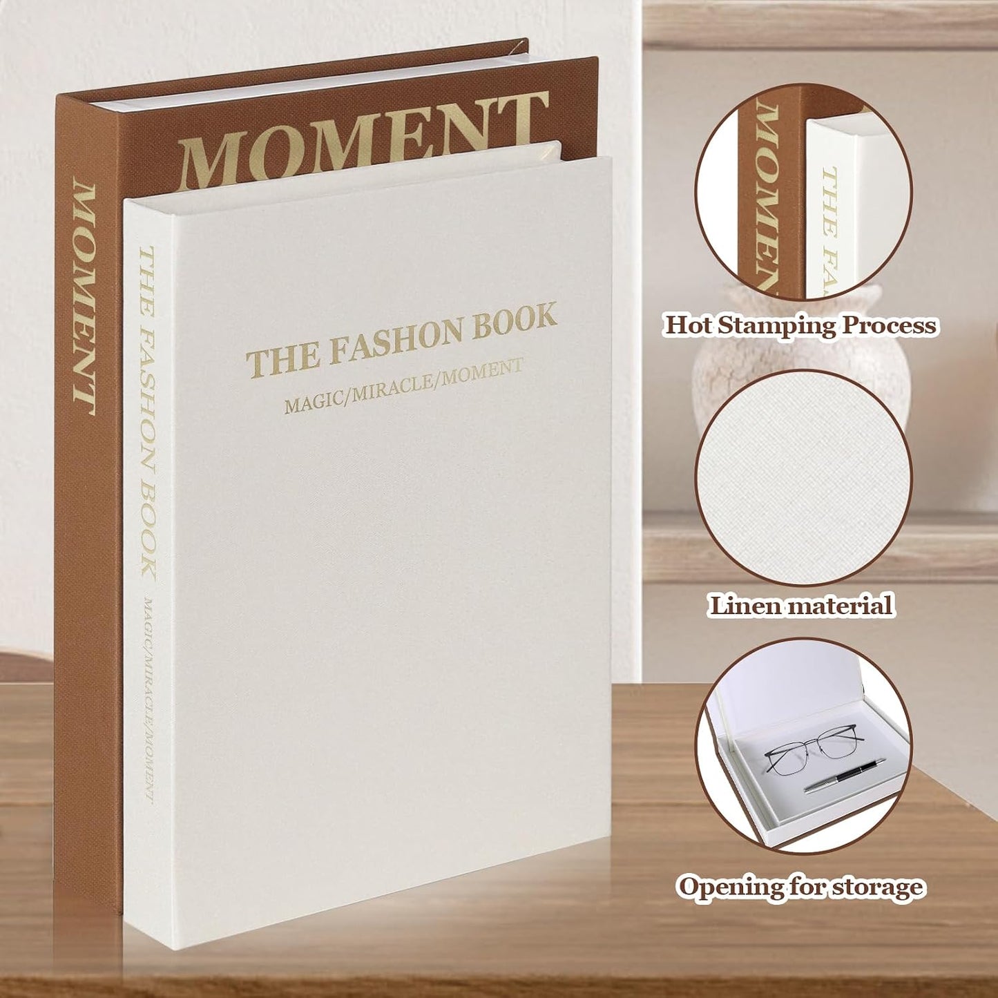 Linen Fake Books / Brown+white / Set of 2