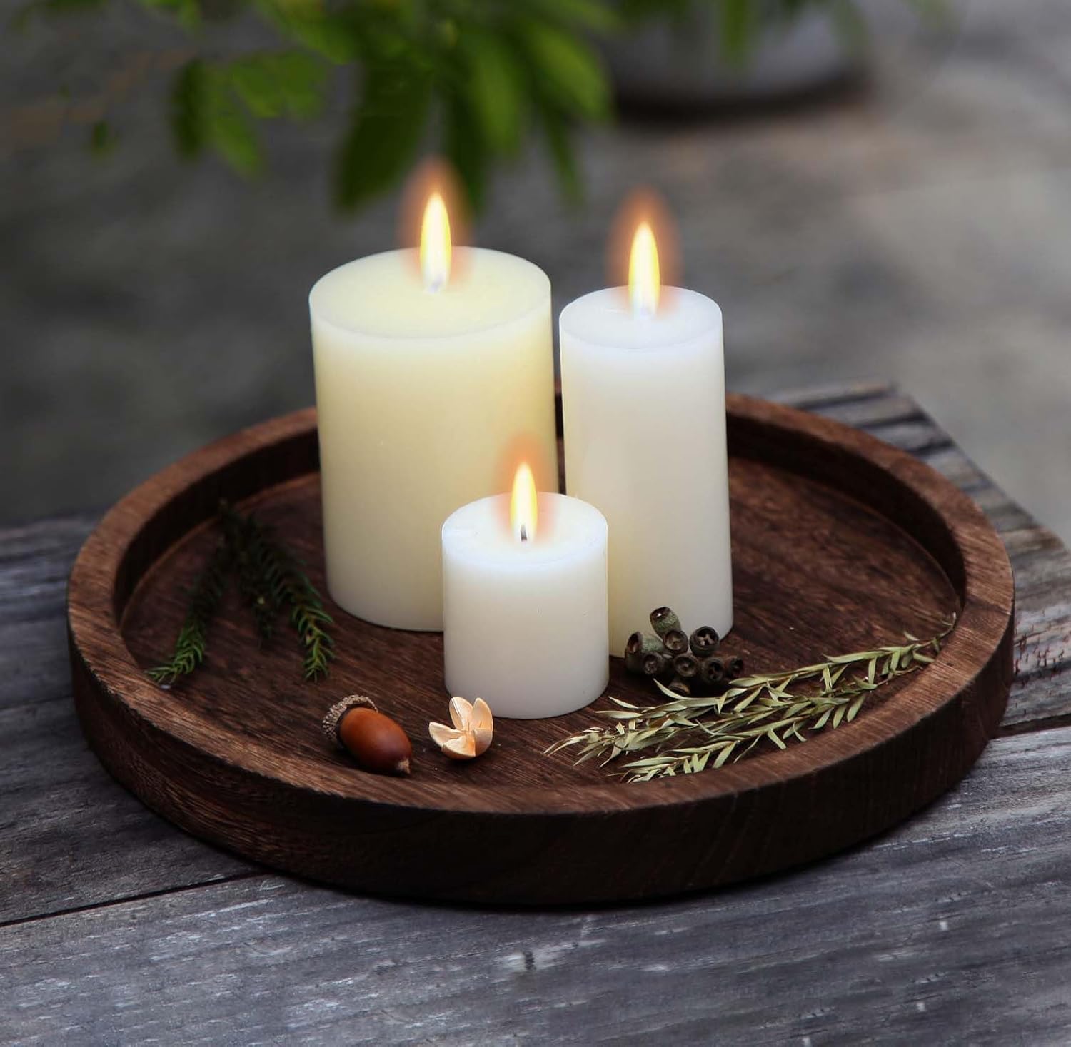Wooden Decorative Tray Candle Holder Round Wood Tray Home Decor / Brown--round