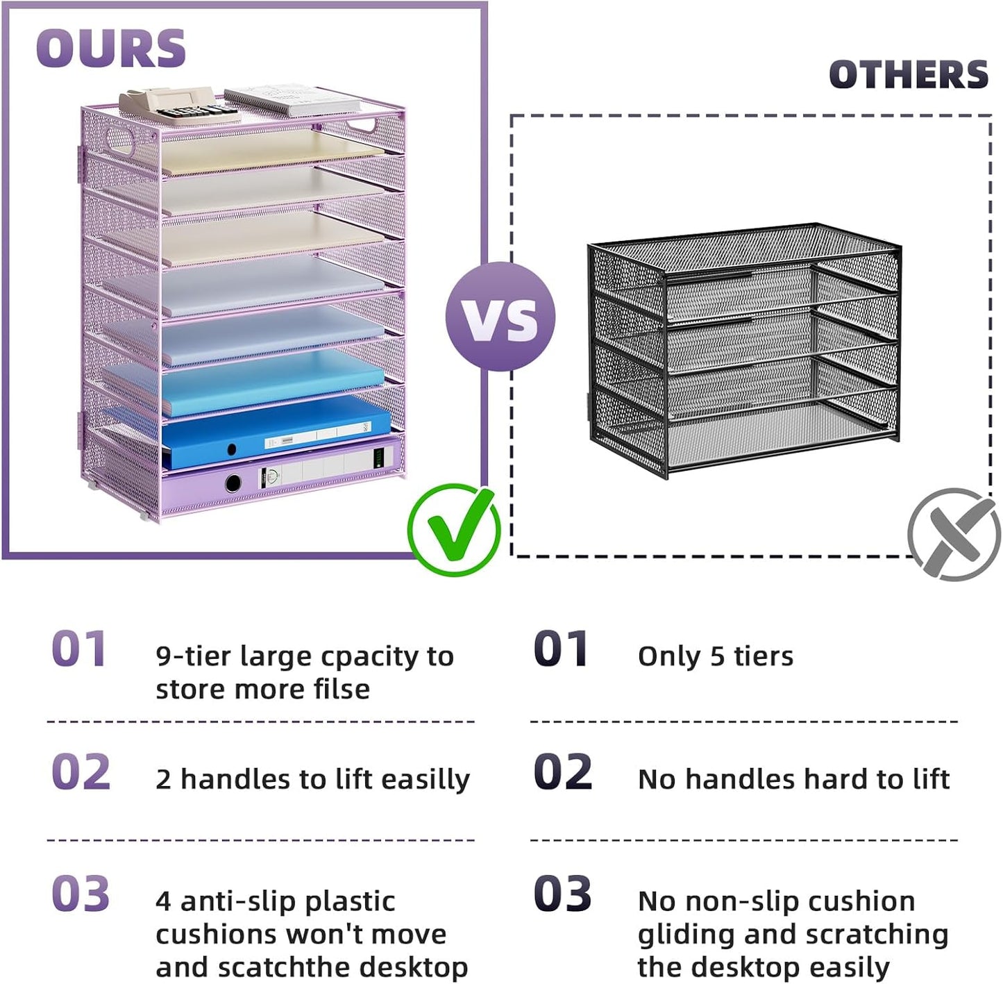 Marbrasse Paper Organizer Letter Tray, 9 Tier Mesh File Organizer with Handle, Paper Sorter Desk Organizer for Home