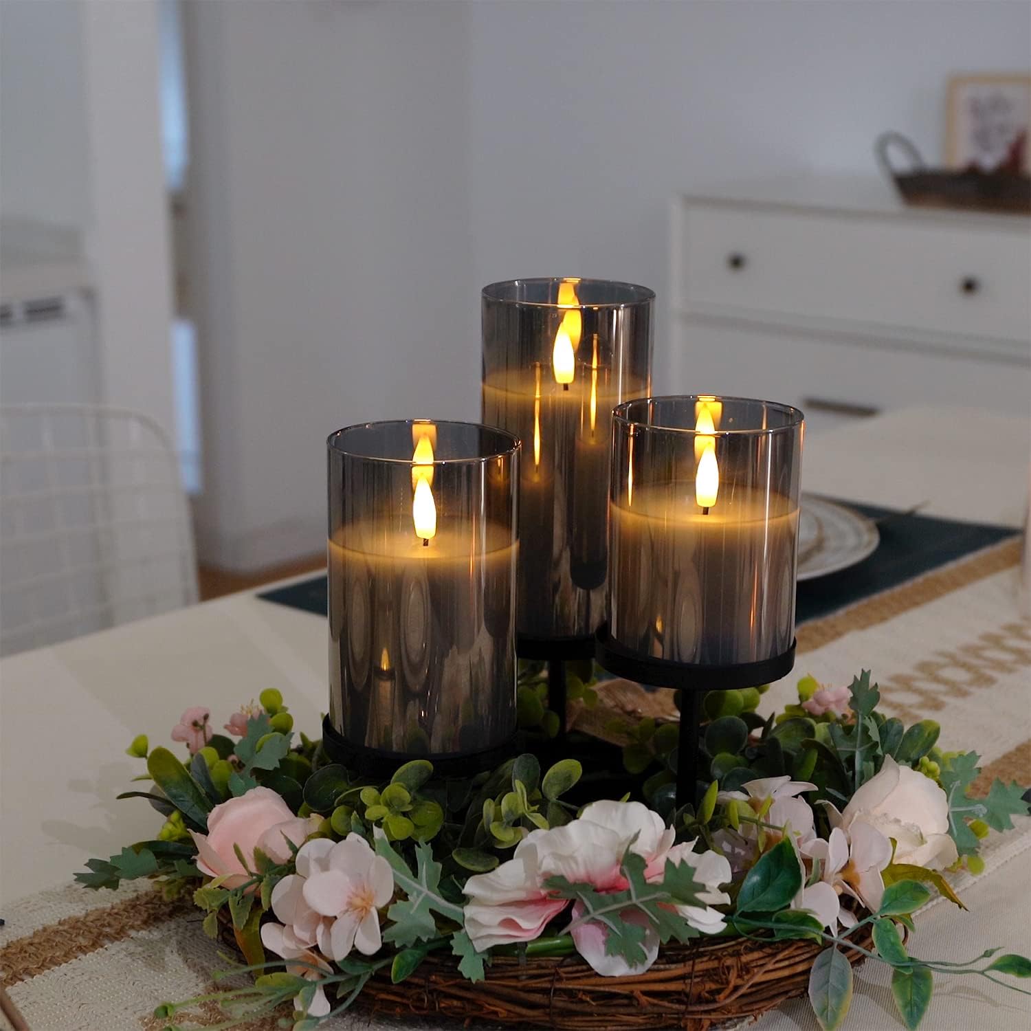 Amagic Gray Glass Flameless LED Candles Battery Operated with Remote Timer | Real Wax Pillar Electric Candle