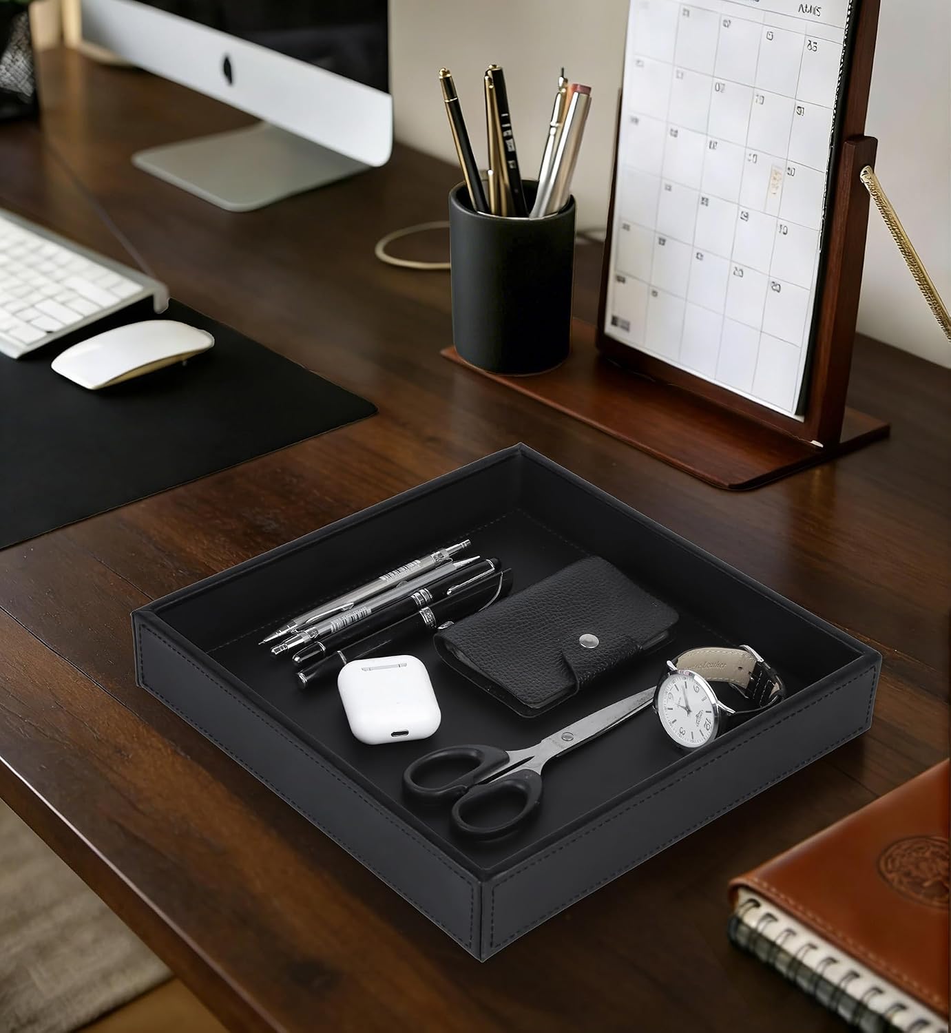 Faux Leather Vanity Tray / Black / 10 x 10 x 1.8