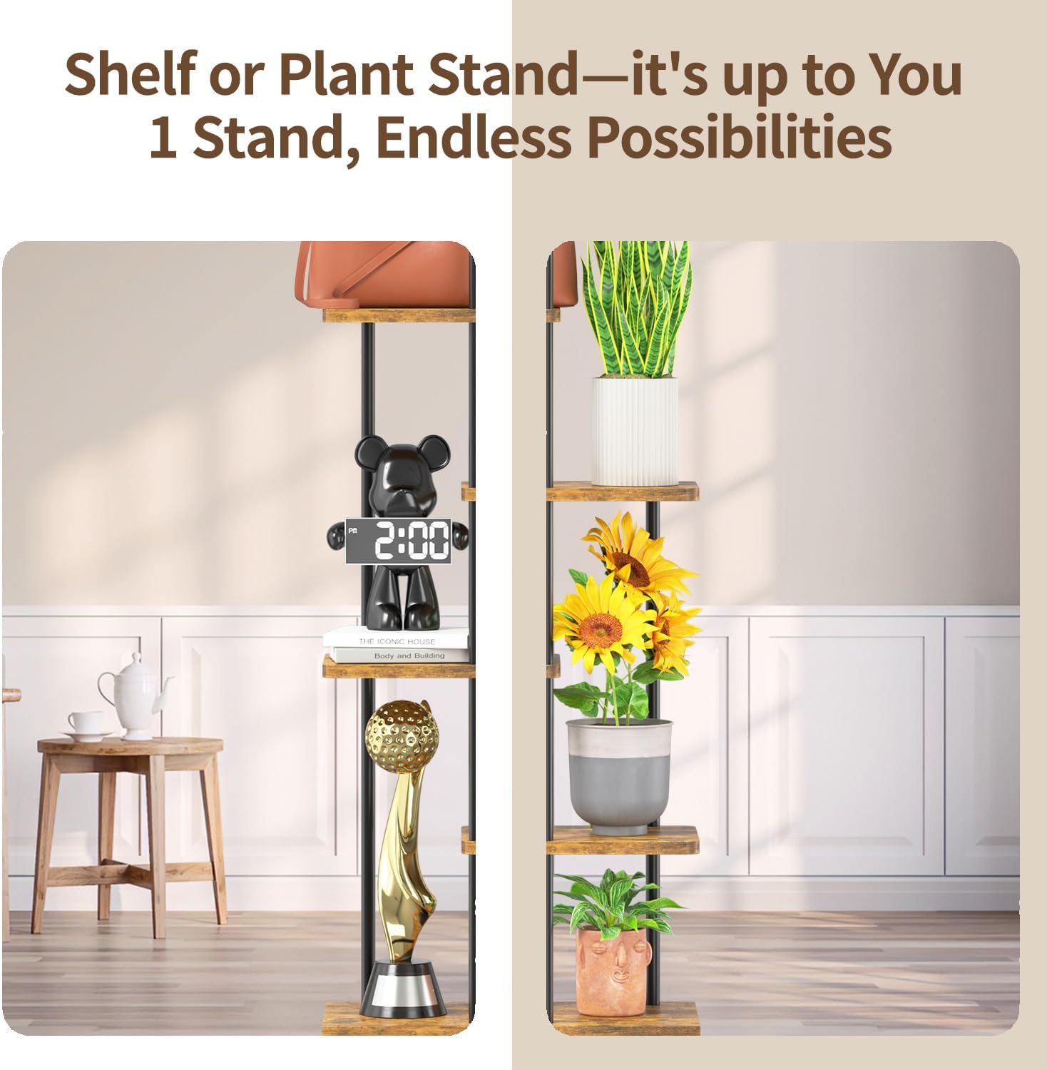 LASZOLA Plant Stand Shelf Tall for Indoor Corner, 7 Tier Wood Brown | Heavy Duty Multi Level Vertical Flower Rack for