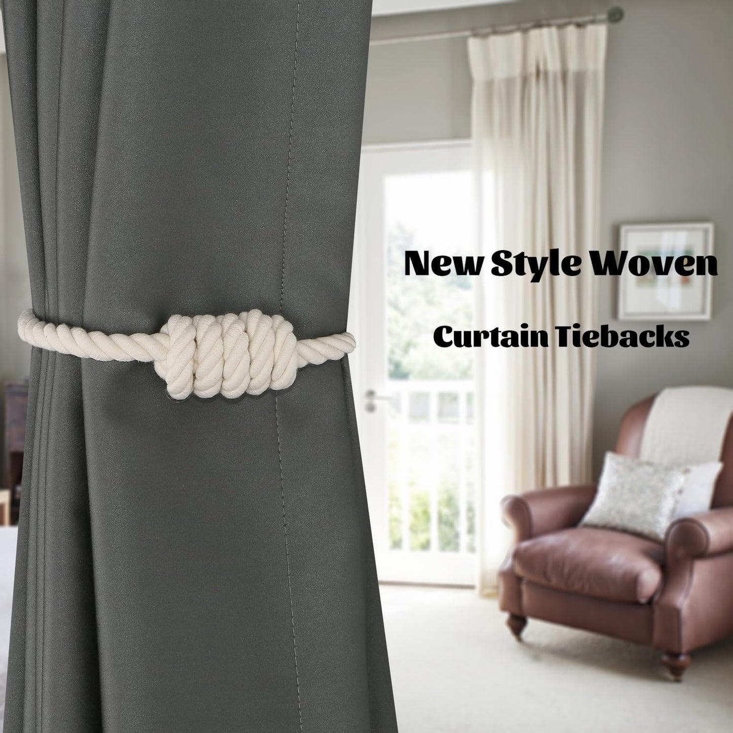 BEL AVENIR Magnetic Cotton Curtain Tiebacks 6 Pack Hand-Woven Curtain Ties | White Cotton Decorative Curtain Holdbacks