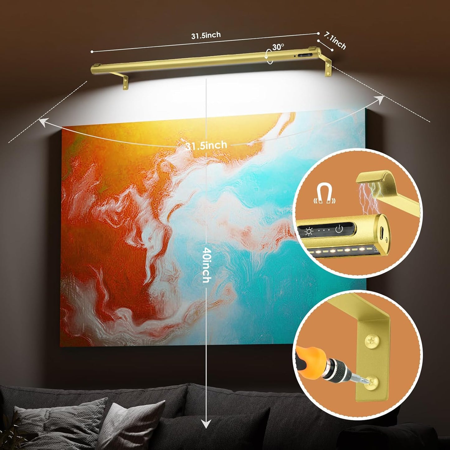 Battery Operated Wireless Picture Light，Rechargeable/Plugged in 31.5inch Painting Display Light,Remote Control Wall