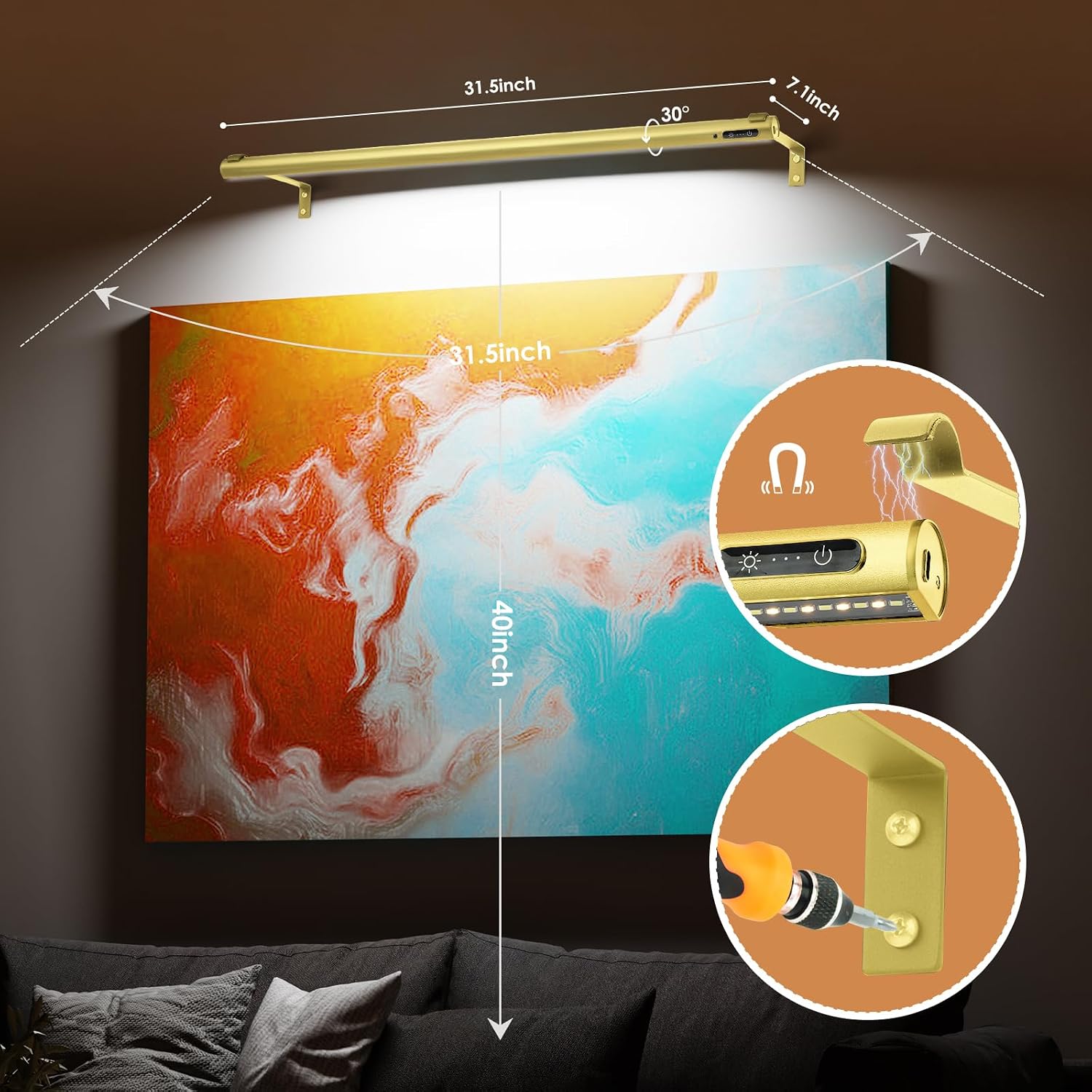 Battery Operated Wireless Picture Light，Rechargeable/Plugged in 31.5inch Painting Display Light,Remote Control Wall