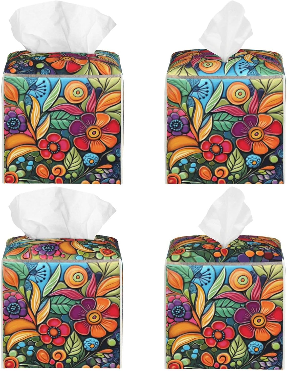 Tissue Box Cover Square Leather Tissue Case Holder Facial Paper Organizer / Colorful Boho Florals