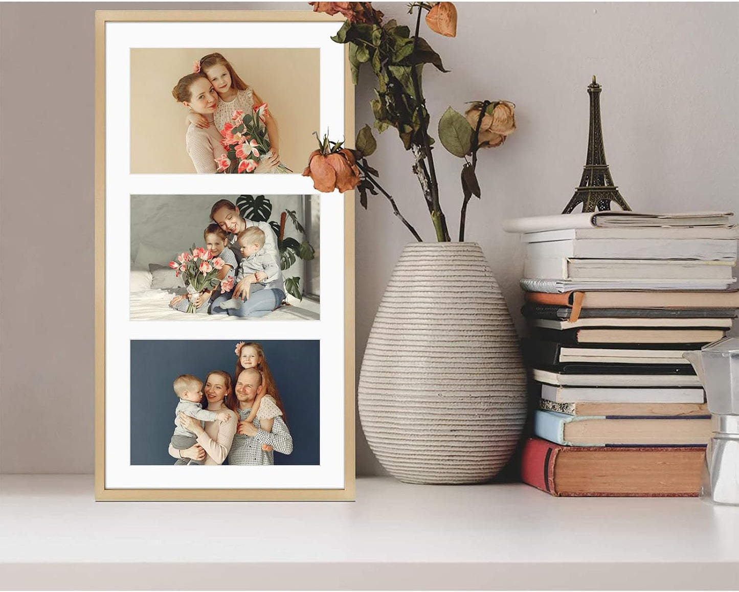 Golden State Art 8.5x16.3 Collage Frame for 3 5x7 Photos Gold 1 Pack | Aluminum Picture Frame with Real Glass Front