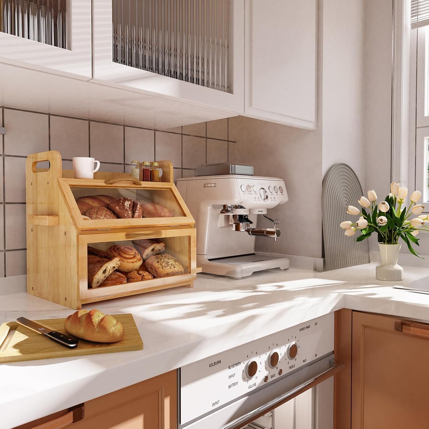 BAMBANG Bread Box for Kitchen Countertop, Extra Large Double Layer Bamboo Breadbox with Clear Window, Farmhouse Wooden