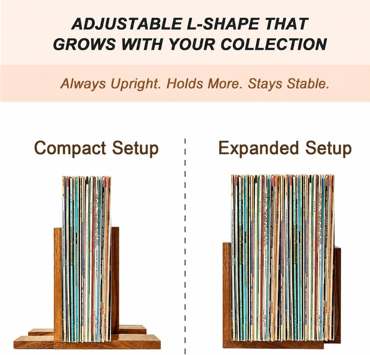 Solid Acacia Wood Vinyl Record Storage Rack, Adjustable Record Holder | Keeps 10-60 LPs upright for easy browsing, with