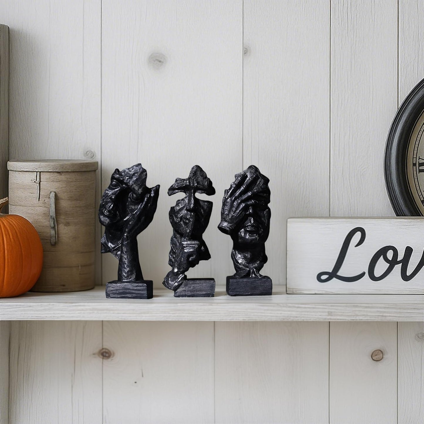 Thinker Statue / Silence is Abstract Art Figurine / Black / Set of 3