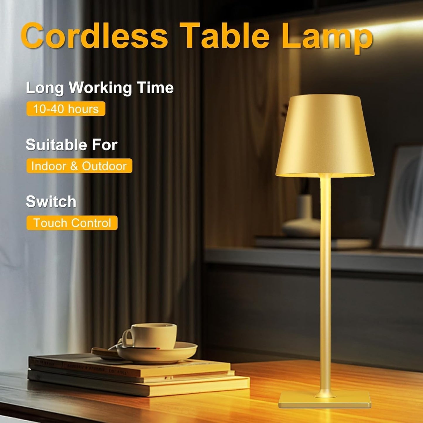 Yogaret Gold Rechargeable Cordless Table Lamp, Battery Operated, 2 Pack | 6000mAh battery lamps waterproof wireless
