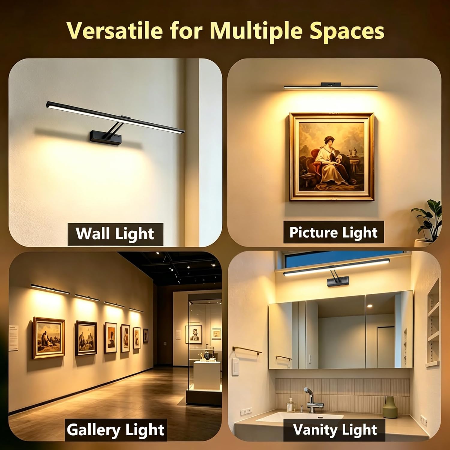 24" Wireless Picture Light, Dimmable Rechargeable Wall Light for Artwork | 5400mAh Cordless Black Wall Sconce