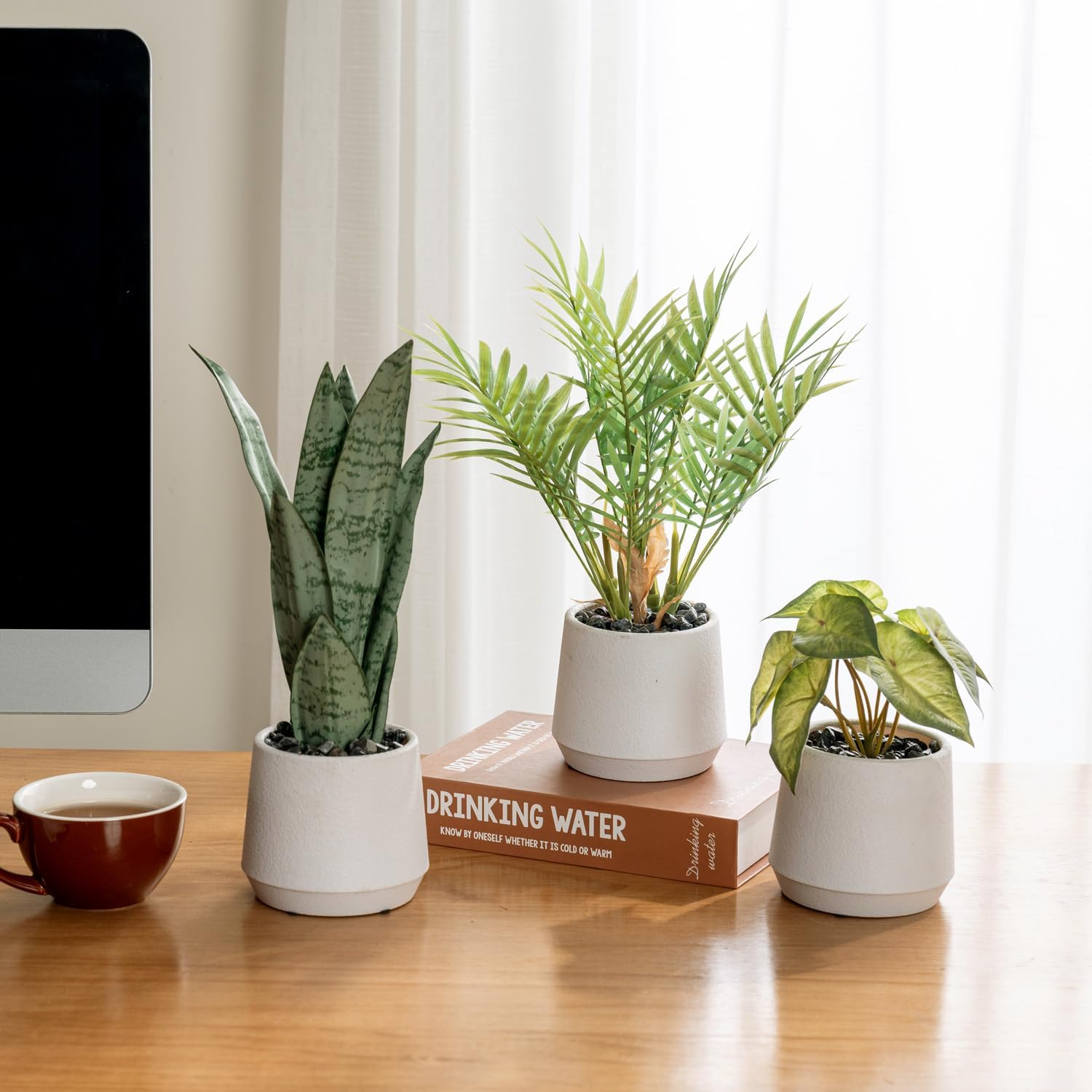 Modern Assorted Artificial Plants Potted in White Textured Planter Pots / Green
