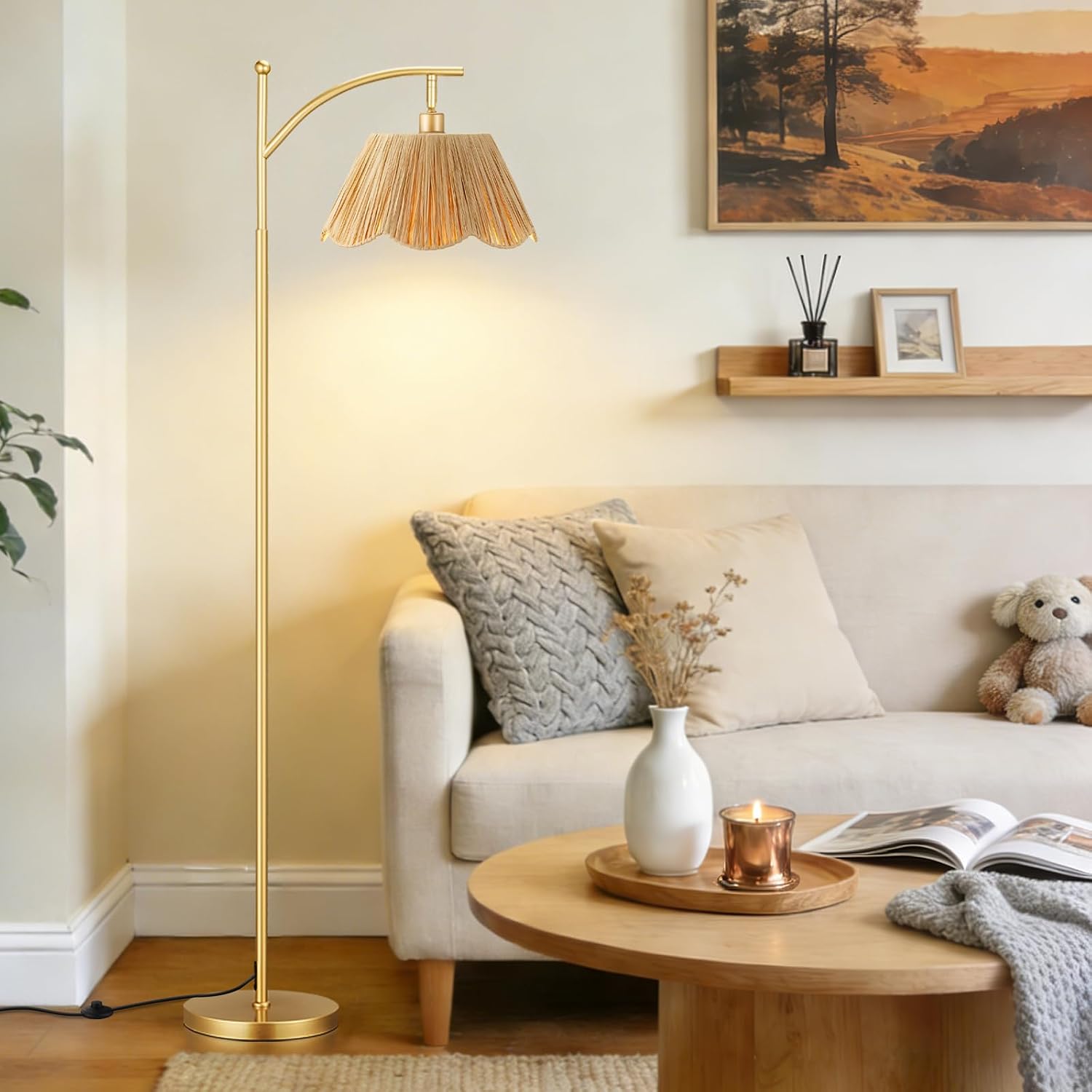 Ambimall 60" Floor Lamps for Living Room with 3 Color Temperatures, Gold Floor Lamp with Rattan Shade, Modern Tall