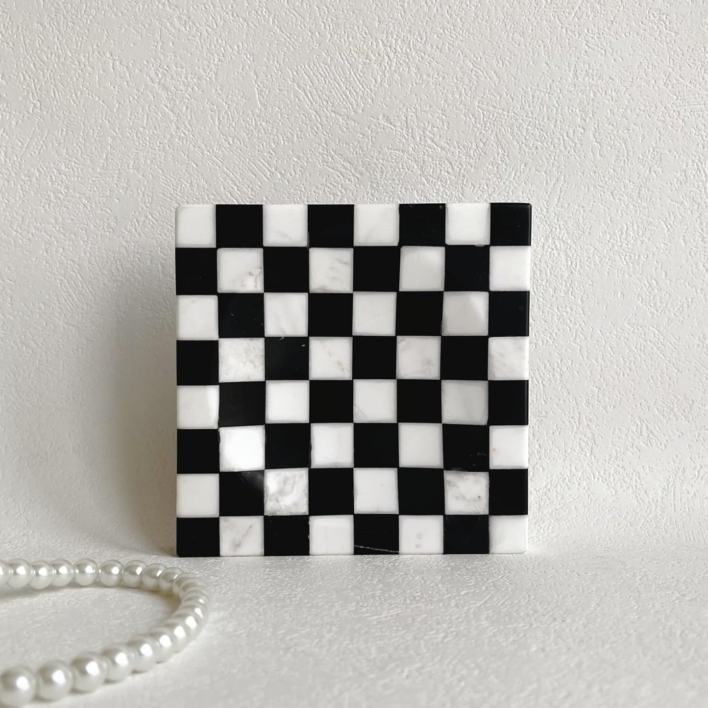 Marble Stone Checkerboard Square Small Splicing Mosaic Tray Jewelry Dish / Black and White