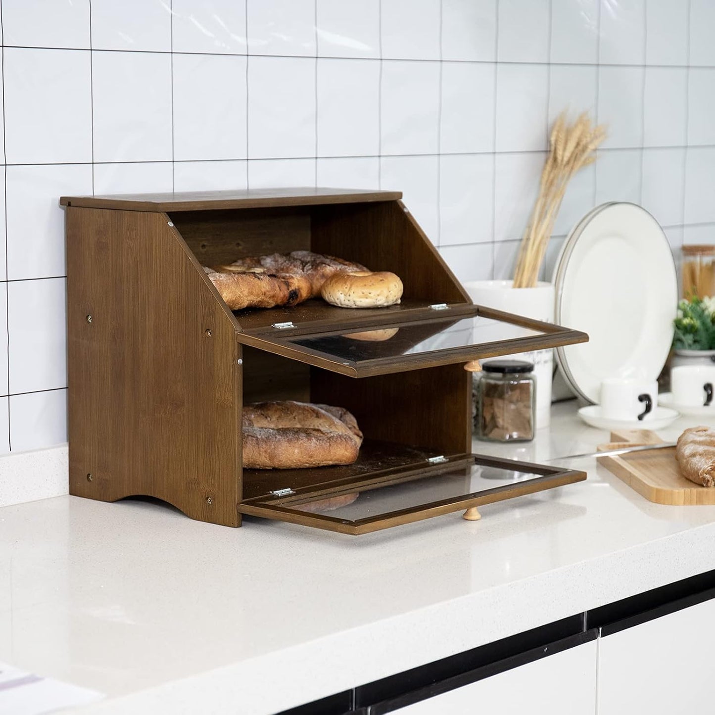 HOMEKOKO Double Layer Bread Box, Wooden Bread Storage Bin, Brown | Keeps Bread Fresh 3-4 Days, Large Capacity Fits 2+