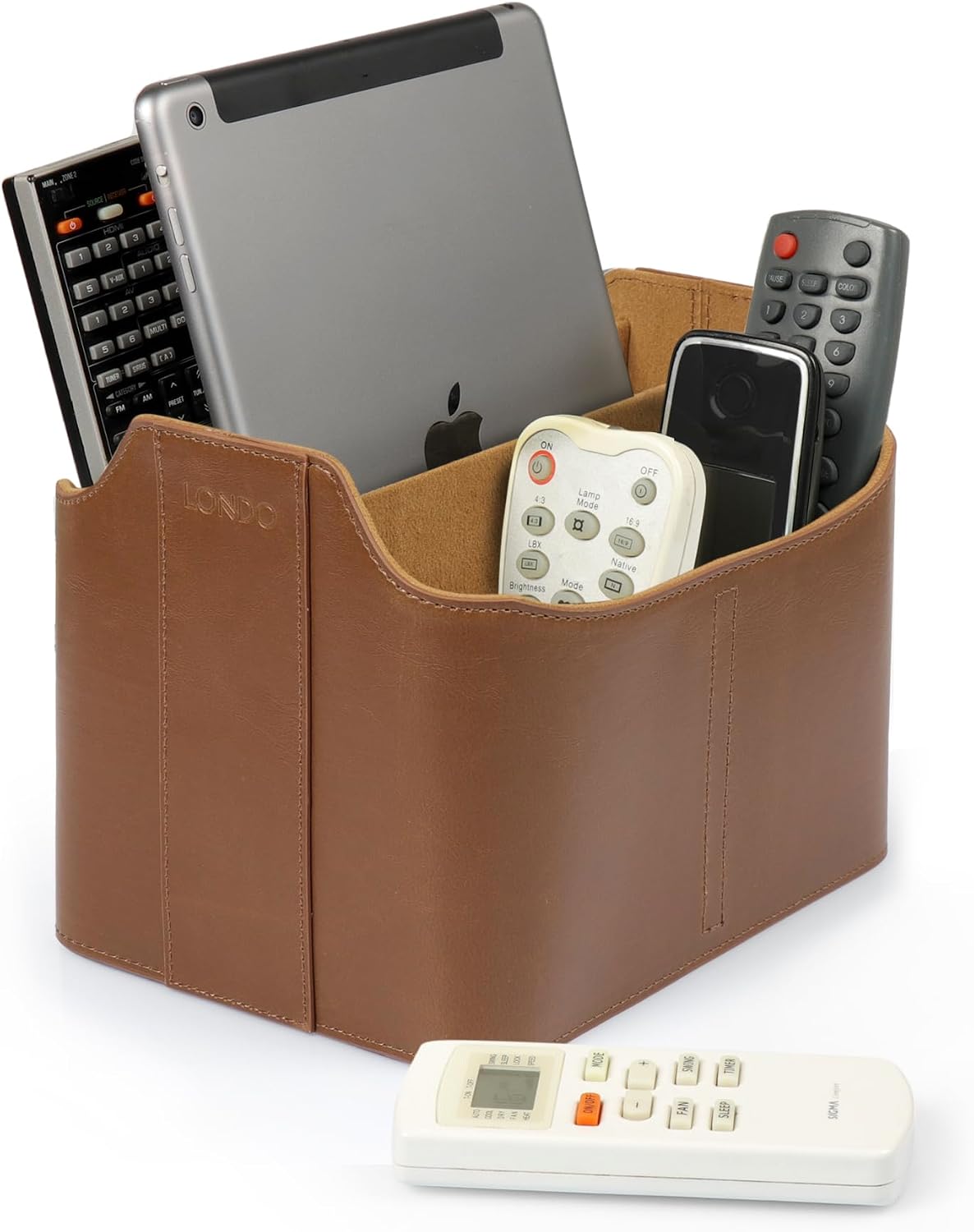 Londo PU Vegan Leather Desk Organizer Cube with Tablet Slot, Nightstand Caddy & Couch Organizer — 4 Remote Pockets +