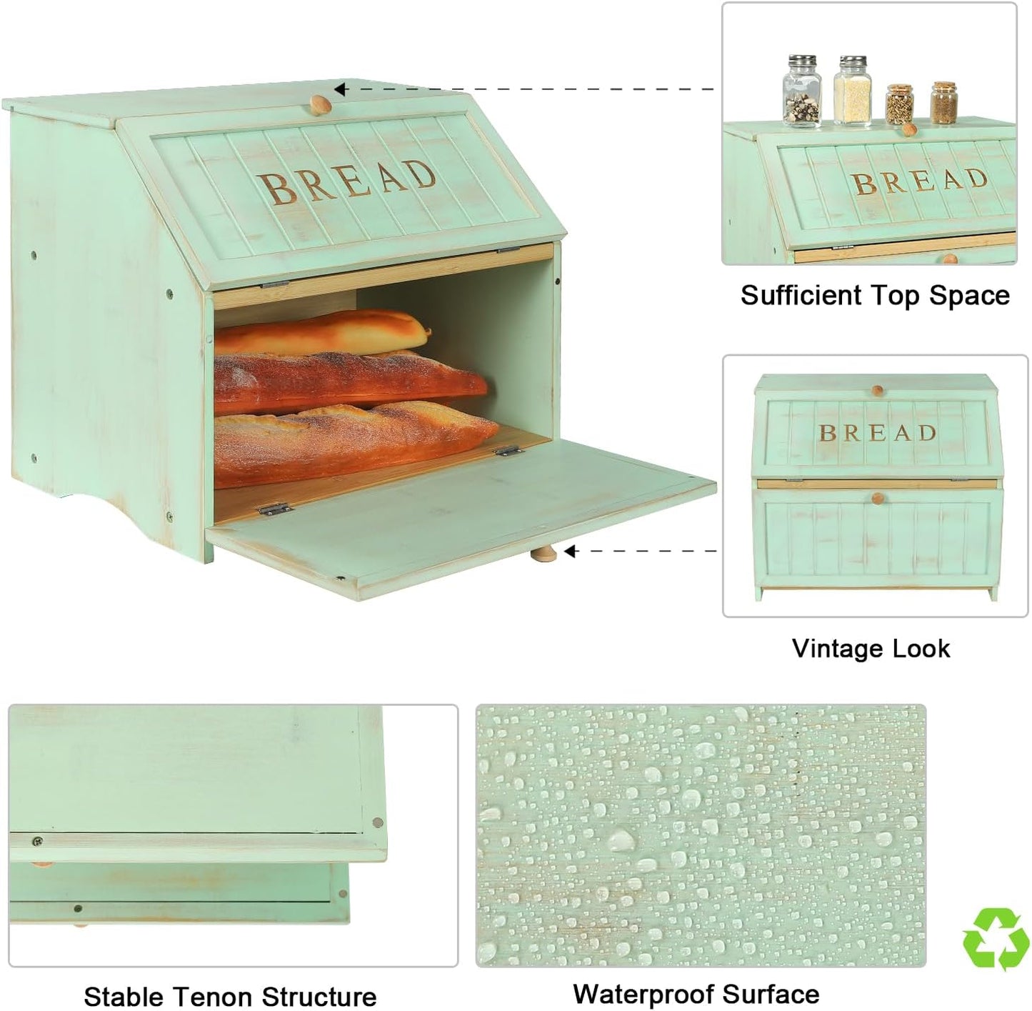 HOMEKOKO Retro Double Layer Large Bread Box for Kitchen Counter, Mint Green | Keeps Bread Fresh 3-4 Days, 2-Tier