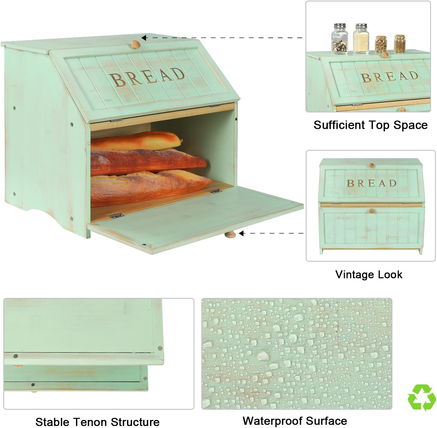 HOMEKOKO Retro Double Layer Large Bread Box for Kitchen Counter, Mint Green | Keeps Bread Fresh 3-4 Days, 2-Tier