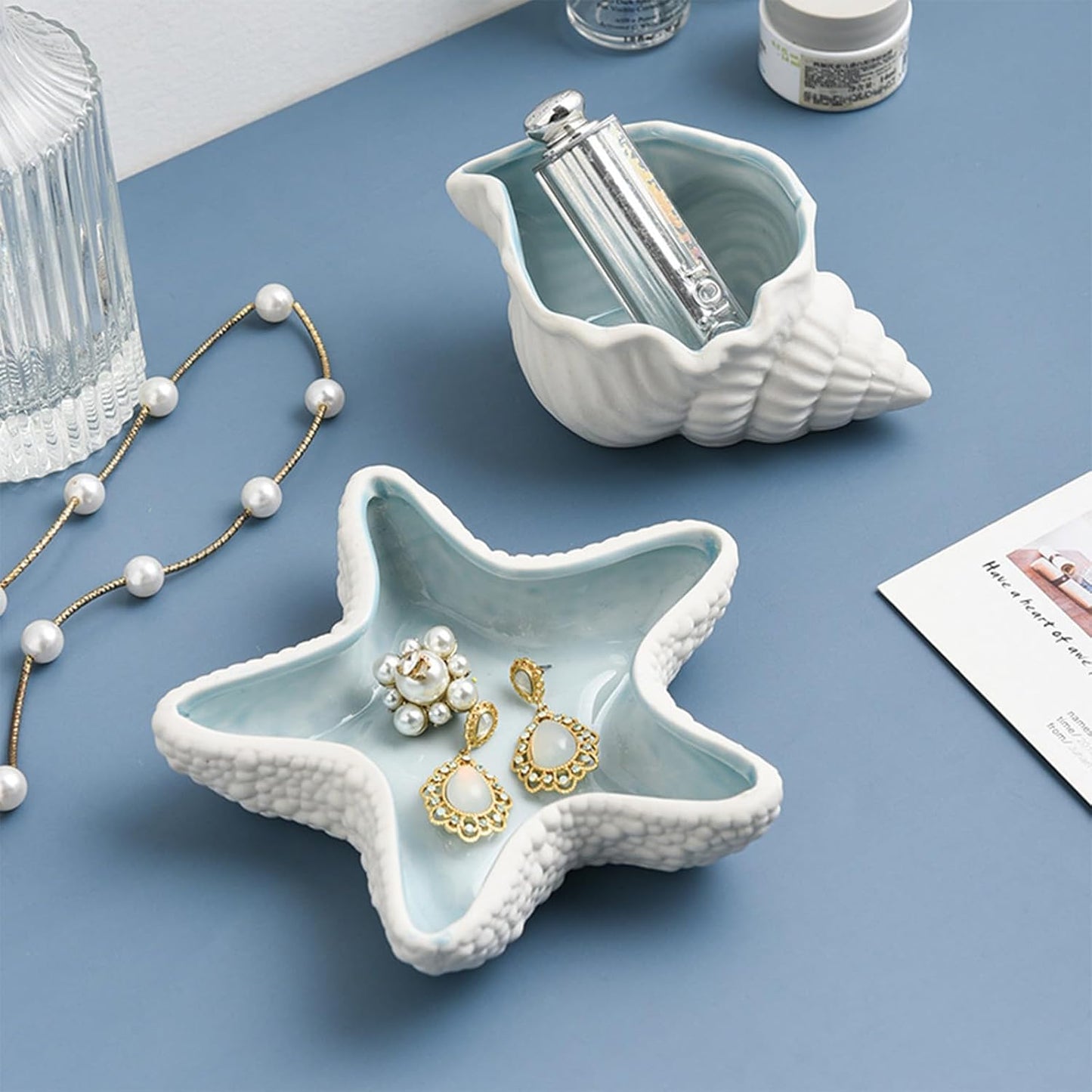 Conch Jewelry Dish Ceramic Jewelry Tray / White + Blue