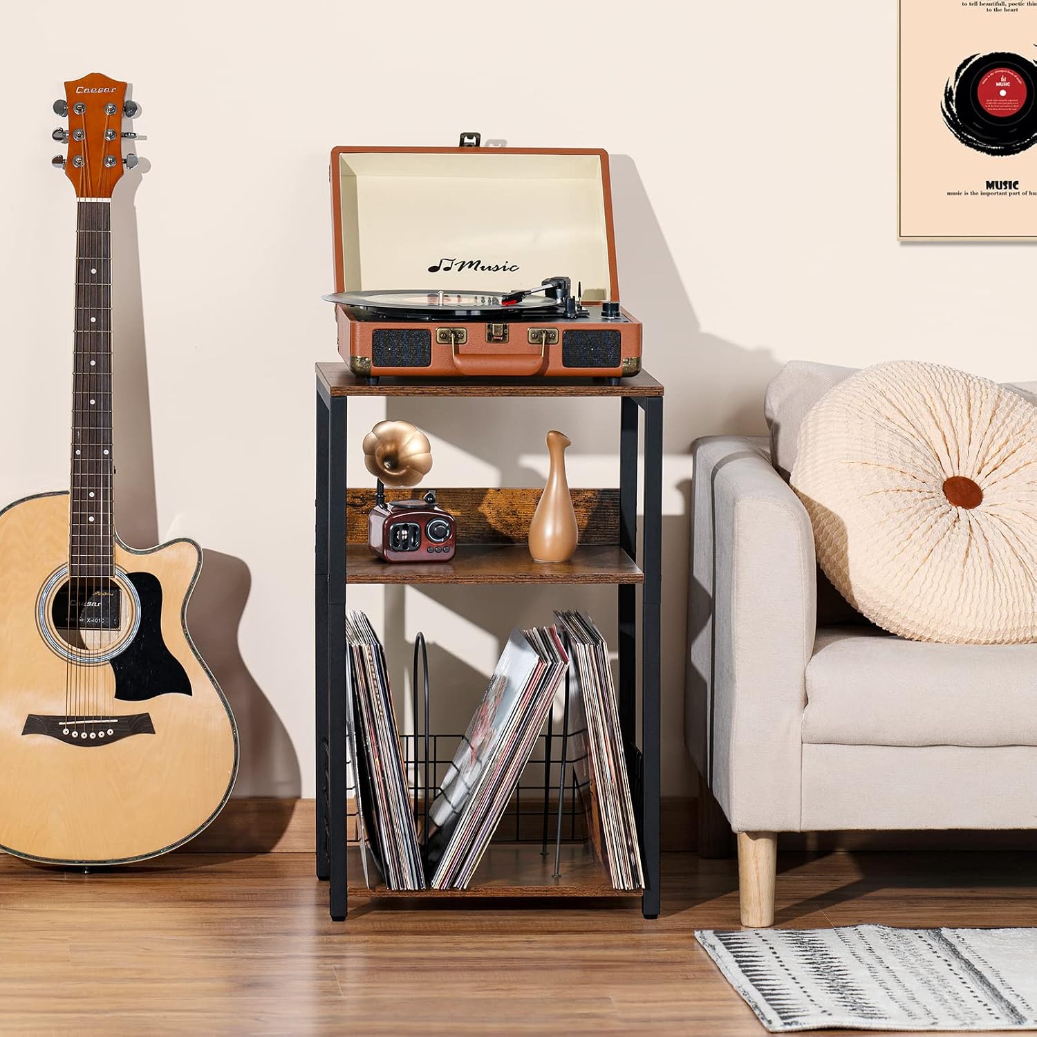 3 Tier End Table,Record Player Stand with Storage Up to 100 Albums,Turntable Stand for Vinyl,Brown Records Shelf for