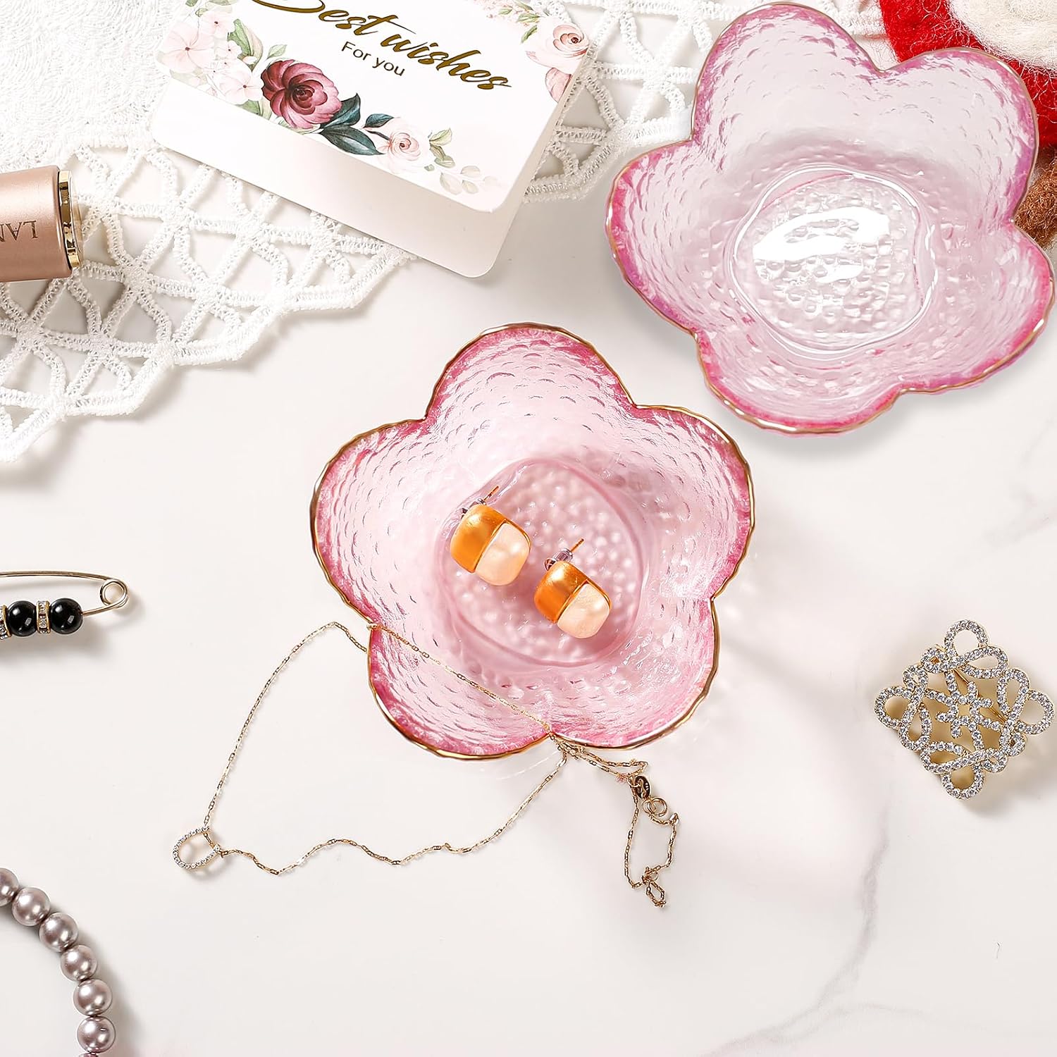 Gifts for Women Trinket Dish Flower Jewelry Dish Pink Glass Ring / Golden-edged Pink / Set of 2