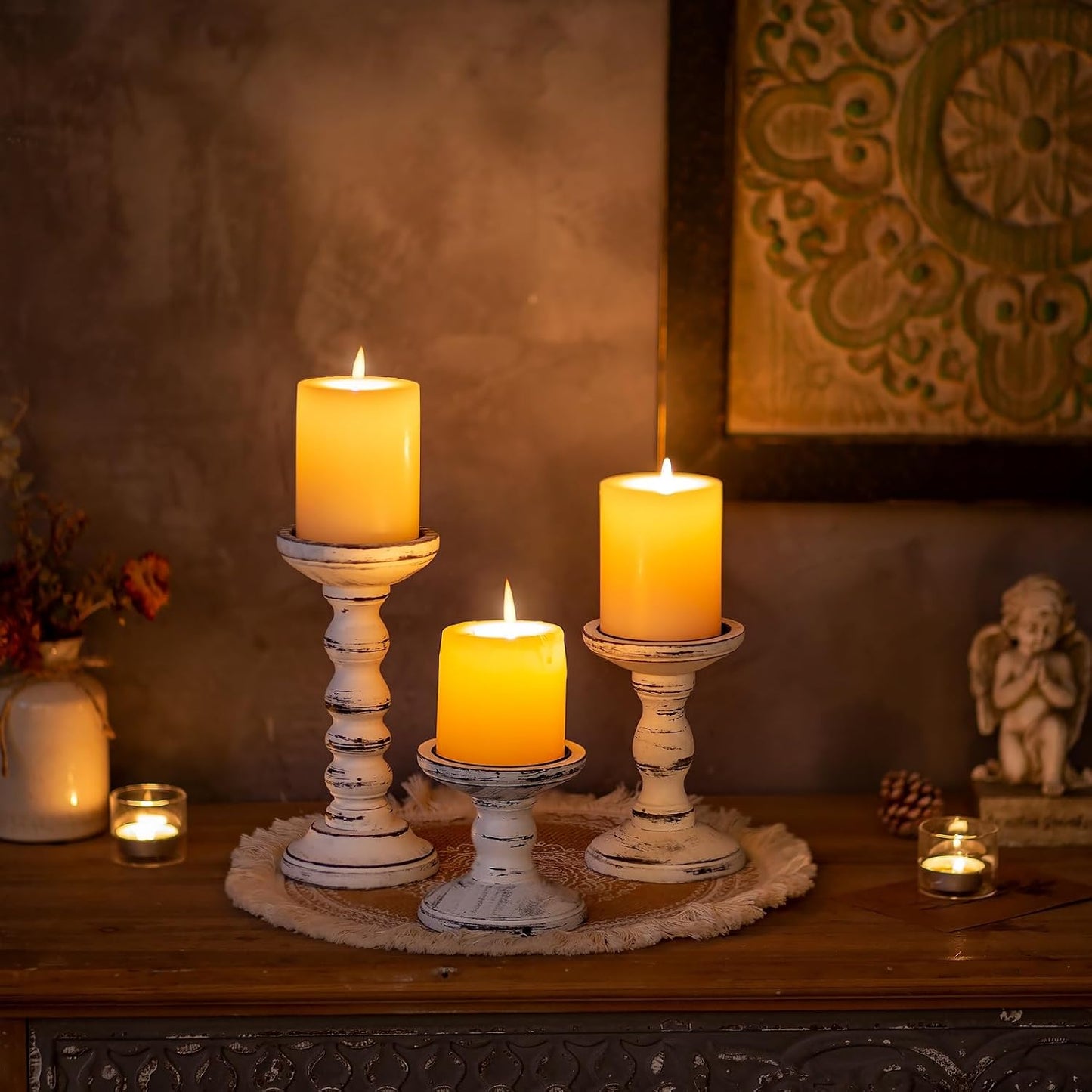 Wood Candle Holders for Pillar / White Black / XS+S+M / Set of 3