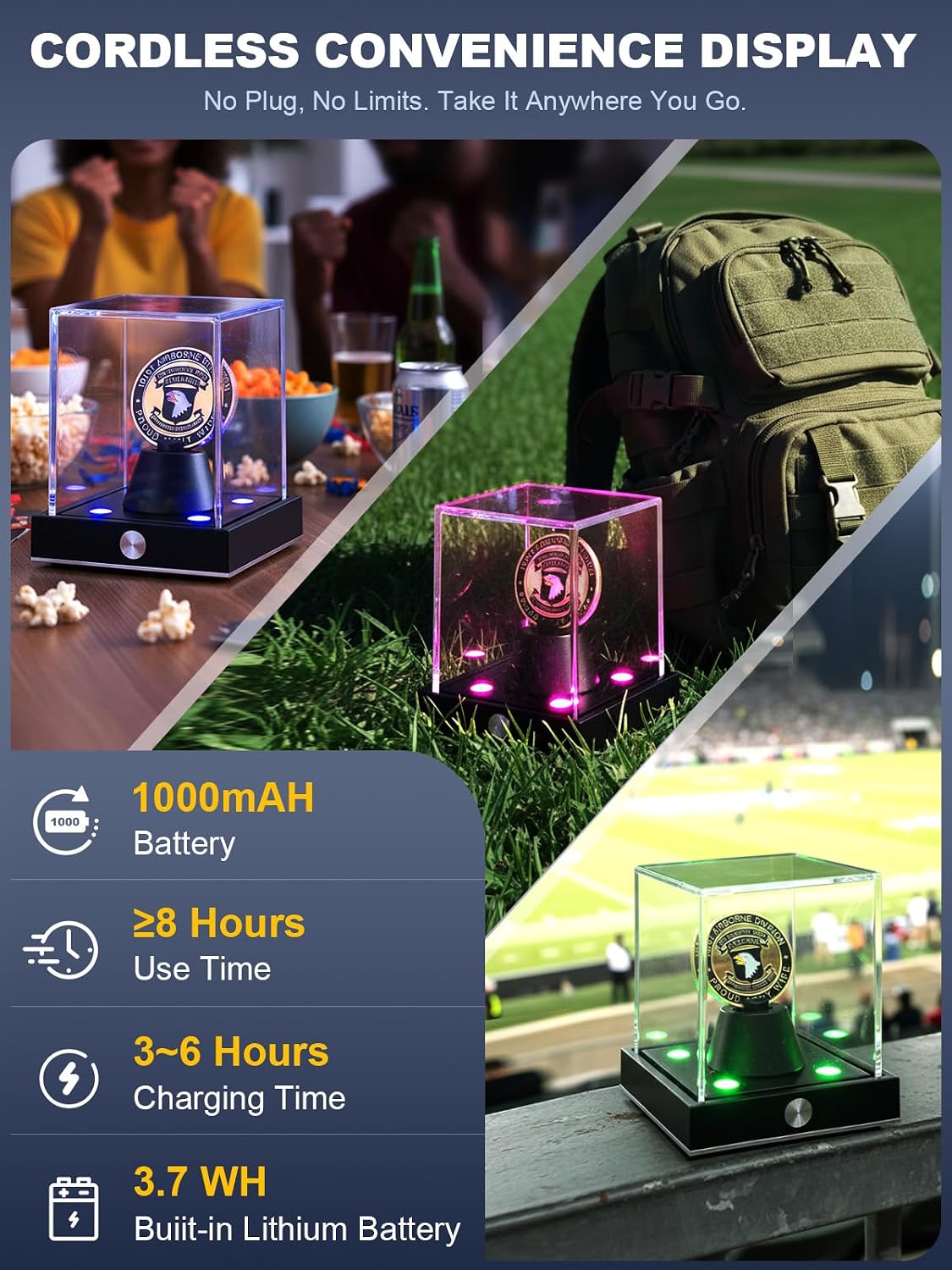 Cordless LED Challenge Coin Display Case, Clear Acrylic Single Silver Dollar Holder with 10 Color Light up, Autograph