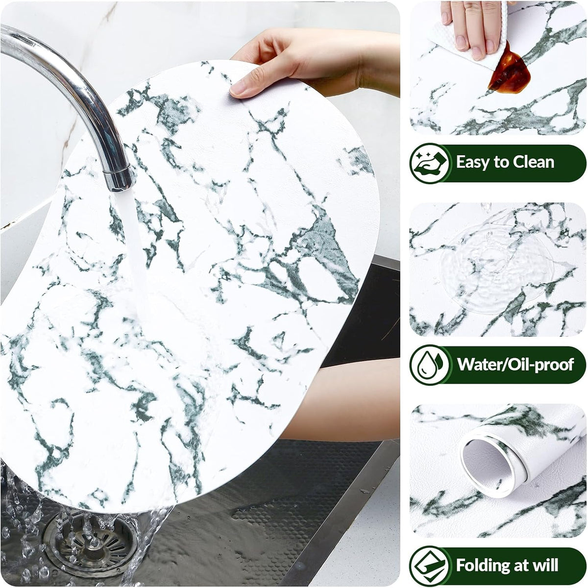 Placemats Set of 6, 11.8 x 17 Inch, Marble | Heat Resistant Oval Faux Leather Place Mats, Waterproof Wipeable