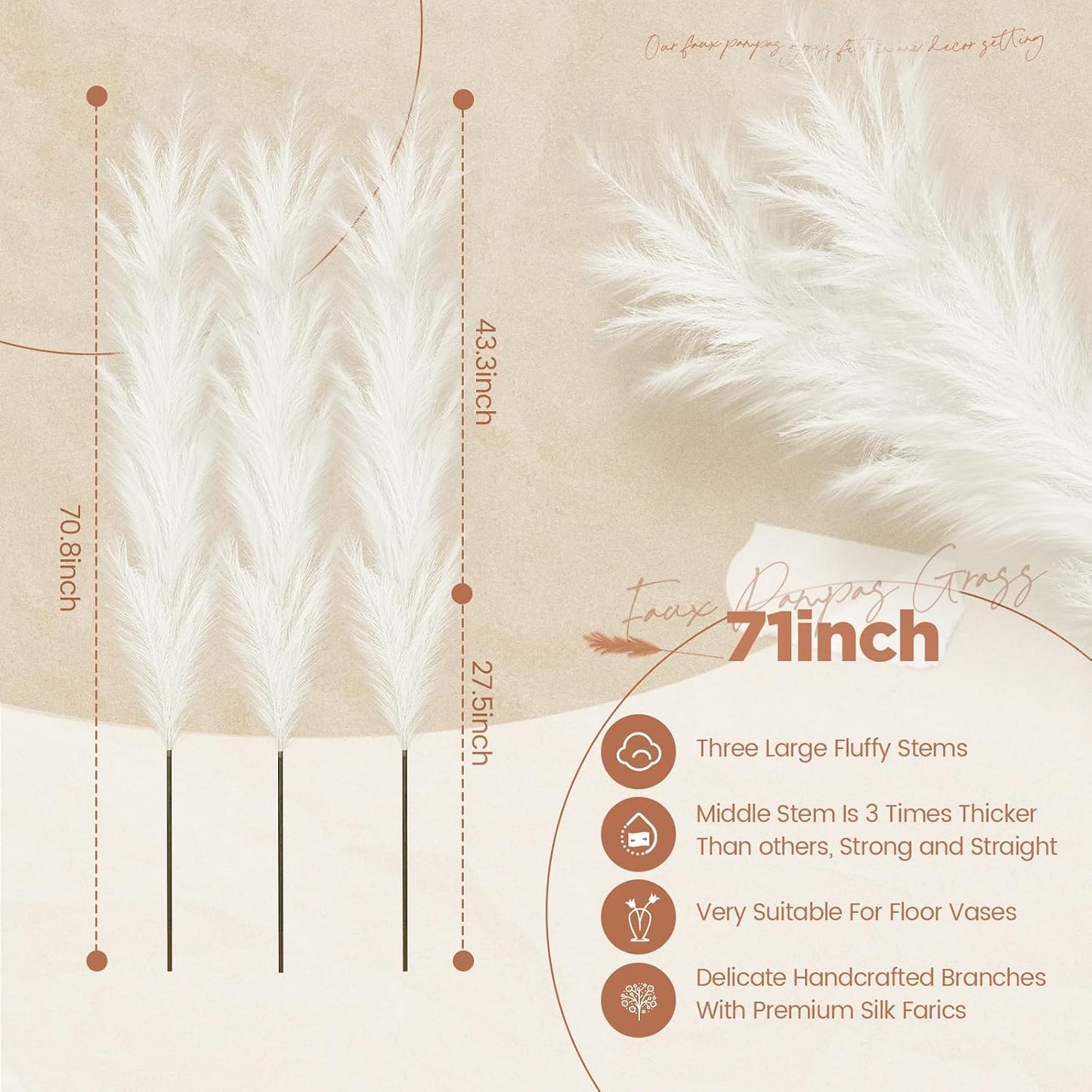 71'' Large Faux Pampas Grass Decor Tall Faux Pampas Grass Splicable Fake Dried / Beige / Set of 5