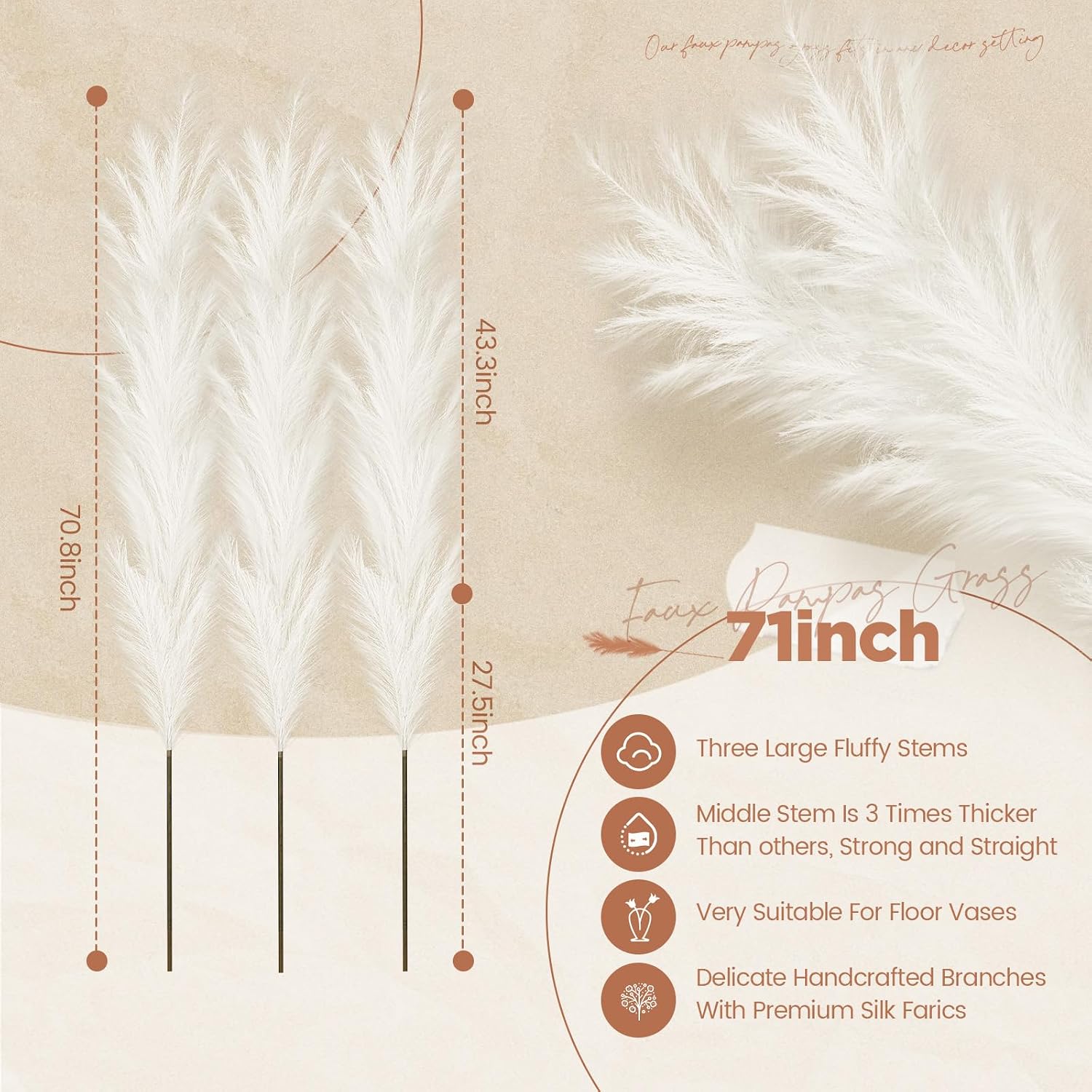 71'' Large Faux Pampas Grass Decor Tall Faux Pampas Grass Splicable Fake Dried / Beige / Set of 5