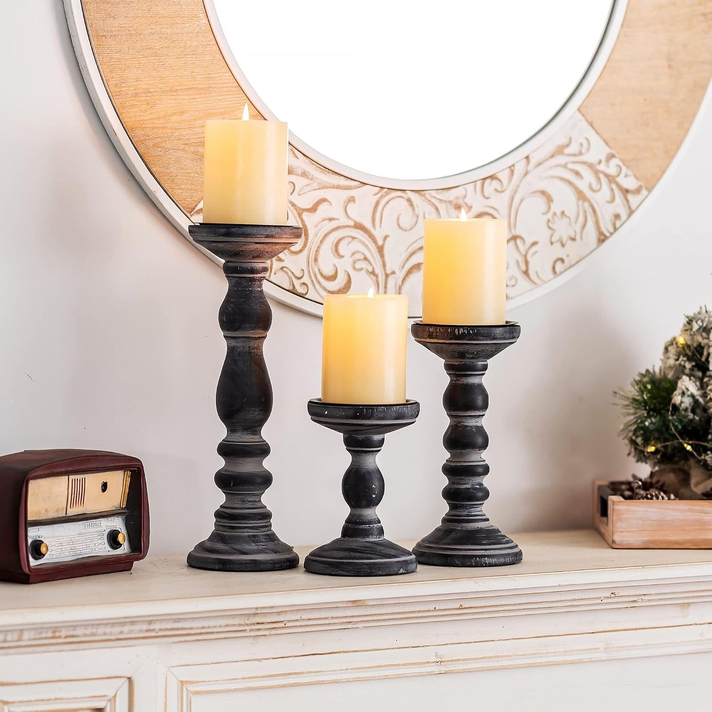 Wood Pillar Candle Holder: Rustic Distressed Black Candle Stand | Solid Pine Wooden Decor, for 3.15" Pillar, Farmhouse