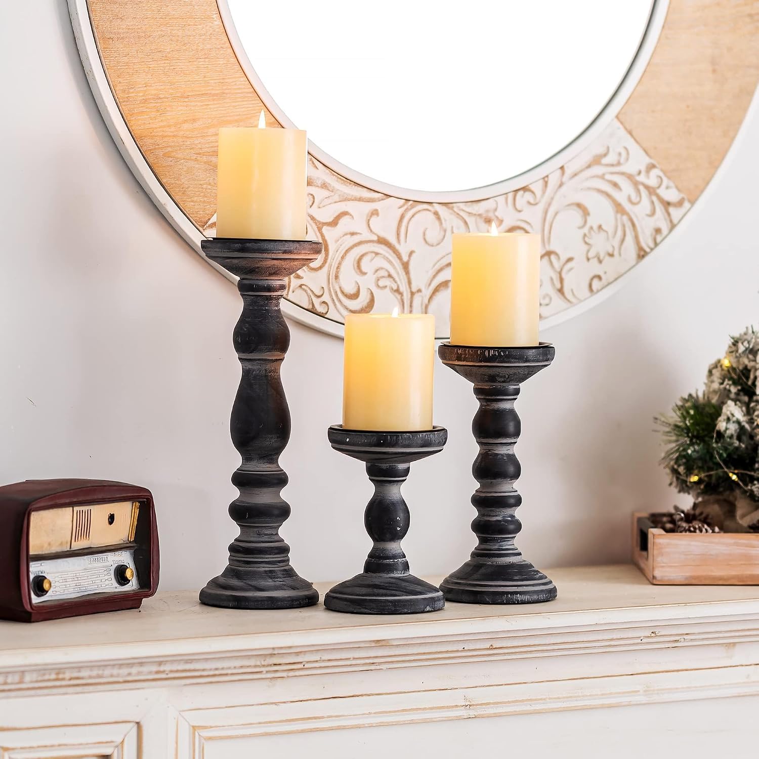 Wood Pillar Candle Holder: Rustic Distressed Black Candle Stand | Solid Pine Wooden Decor, for 3.15" Pillar, Farmhouse
