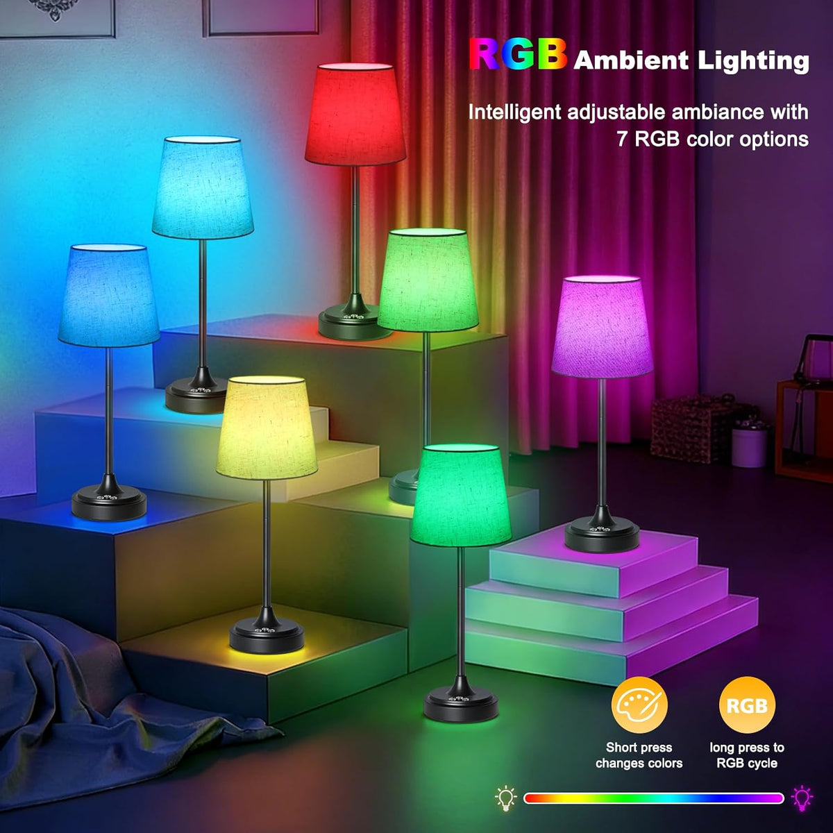 Wowag Cordless Table Lamp Rechargeable,5000mAh Battery Operated Desk Lamp,3 Colors & 7 RGB Stepless Dimmable,Touch