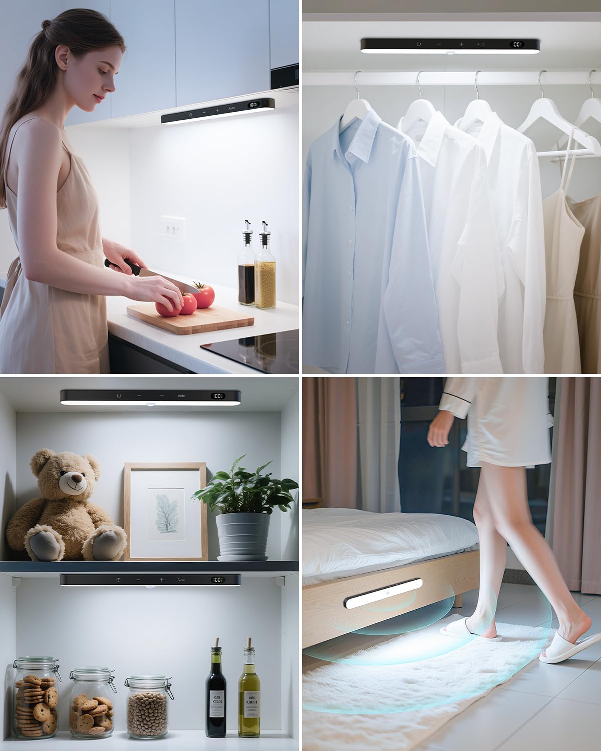 Ferswe Under Cabinet Lights Rechargeable, Battery Level Display, 60 LED Motion Sensor Cabinet Light, Dimmable Touch