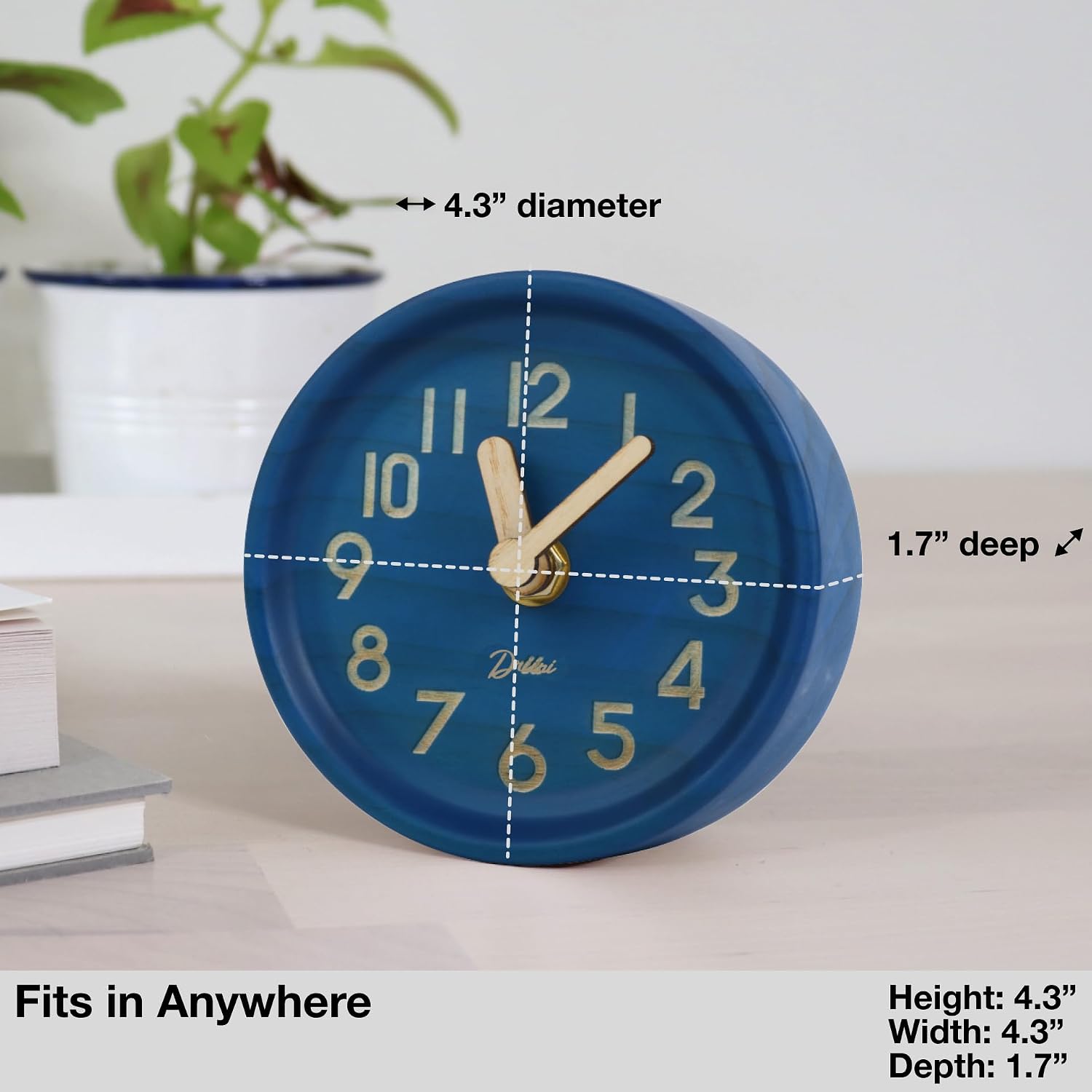 Driini Wooden Analog Desktop Clock – 4.3 in. Decorative Pinewood, No-Tick Design – Easy to Read Silent Sweep Mantle