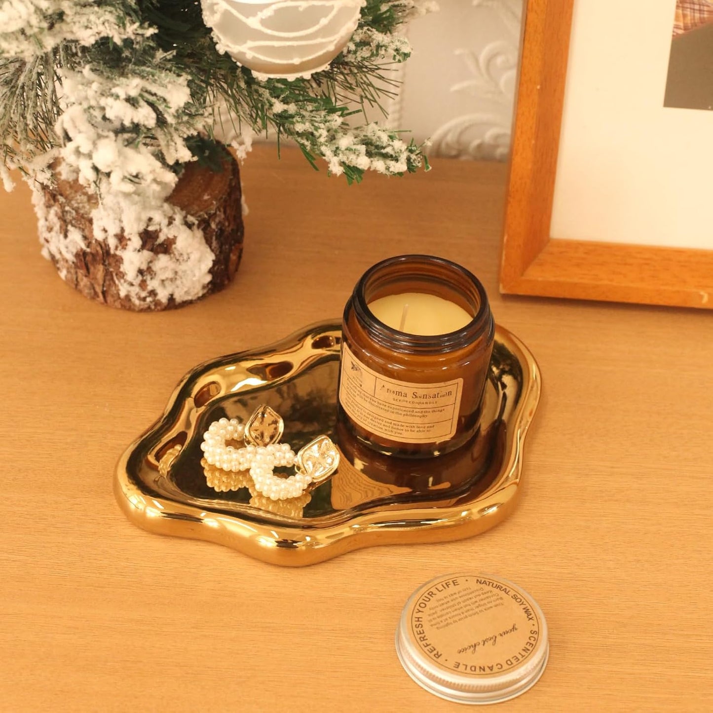 Ceramic Jewelry Tray Trinket Dish / Gold / 10.2 x 6.3 x 0.6