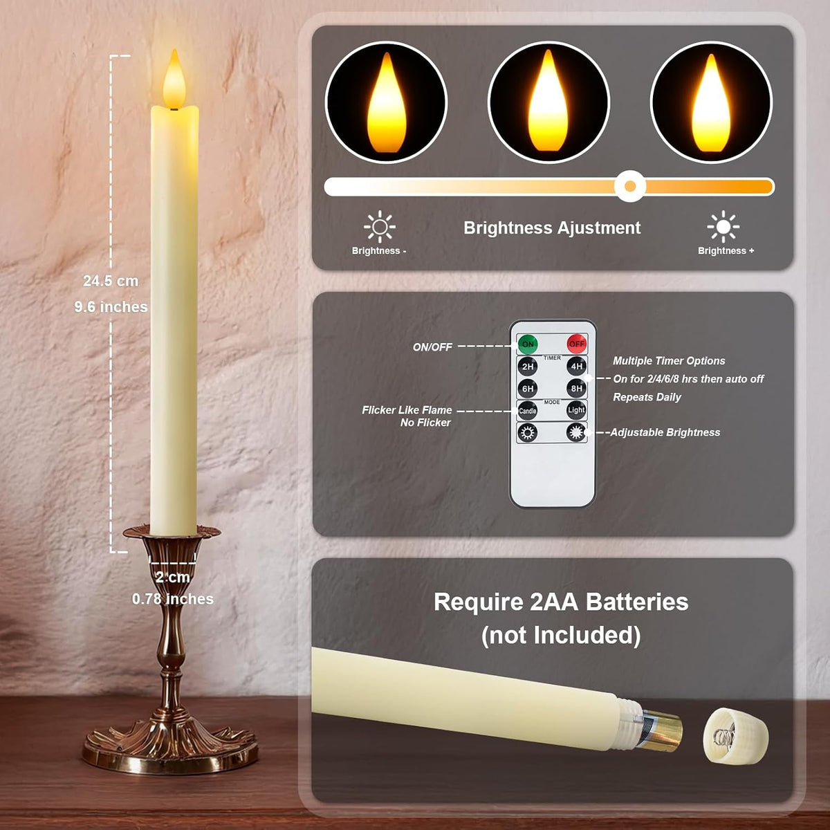 12 Pcs Flameless Taper Candles with Remote Timer Dimmer, 9.6 inches Ivory Plastic LED Candlesticks, Battery Operated