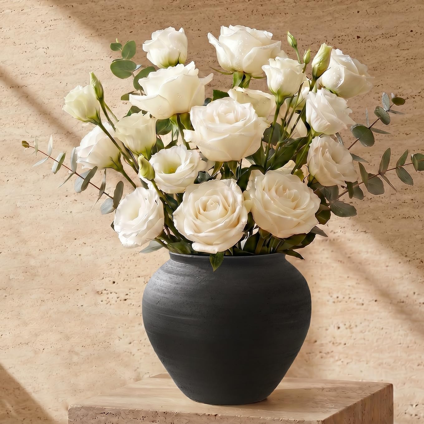 Ceramic Vase / 6.7" Wabi-Sabi Ribbed Flower Vase / Matte Charcoal / Matte Black