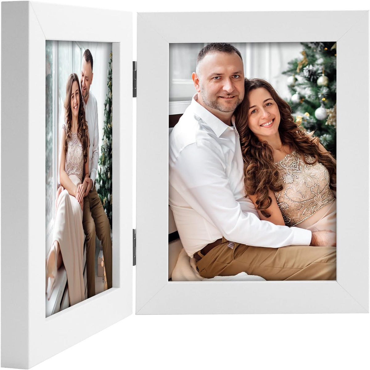 Frametory, 5x7 Double Picture Frame White, 10 Pack | Real Glass Front, Hinged 2 Photos Collage, Side by Side Standing