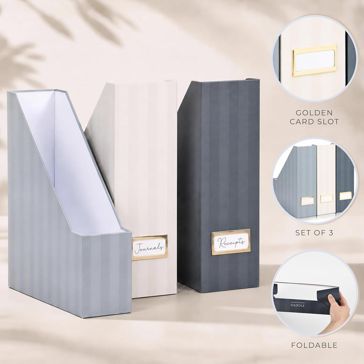 Beautiful Magazine Holder Set of 3 - Sturdy File Holder for Desk or Shelves | The Perfect Office & Work Storage to
