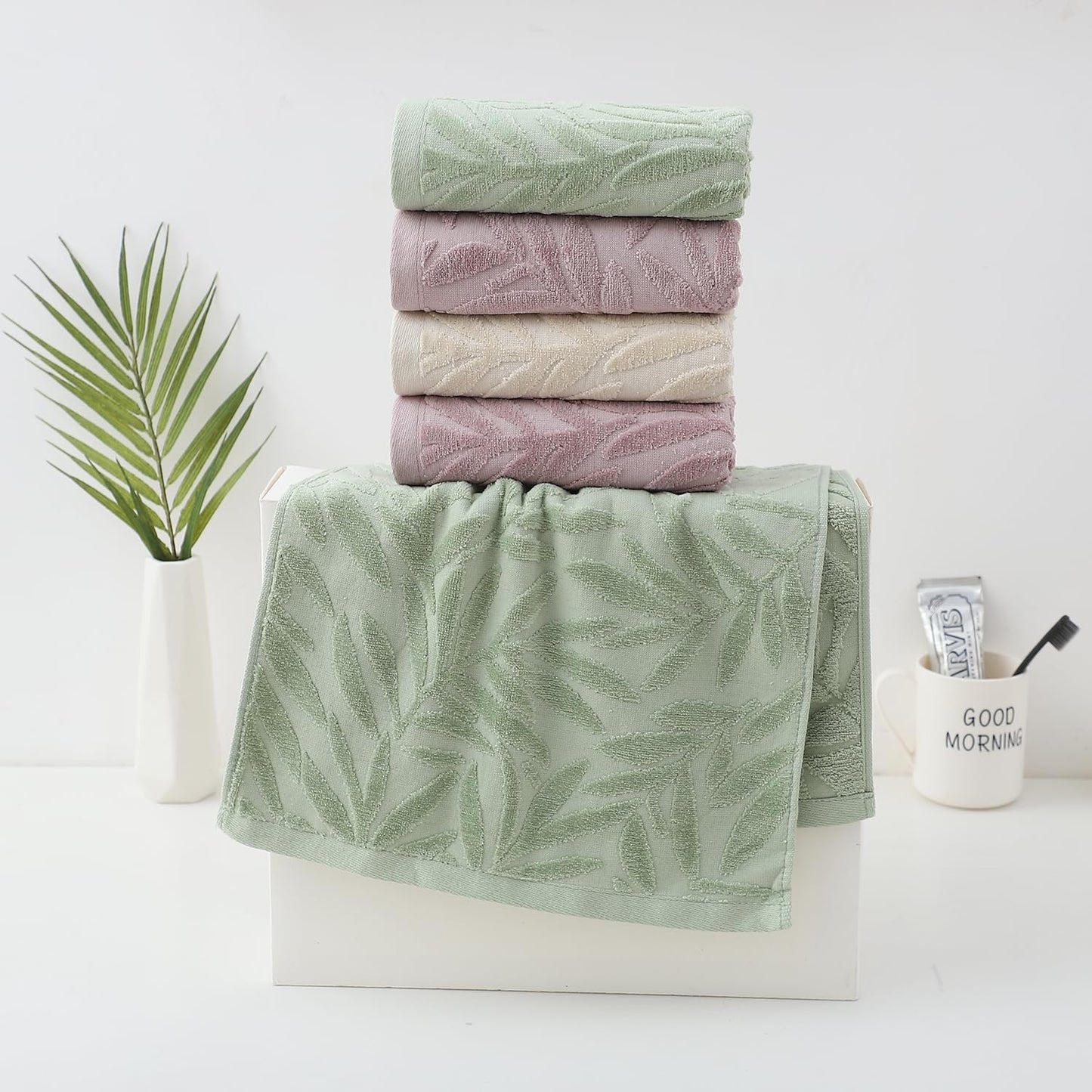 Hand Towels Set of 4 Leaf Pattern 100% Cotton Absorbent Soft Decorative Towel for Bathroom (Light Brown)