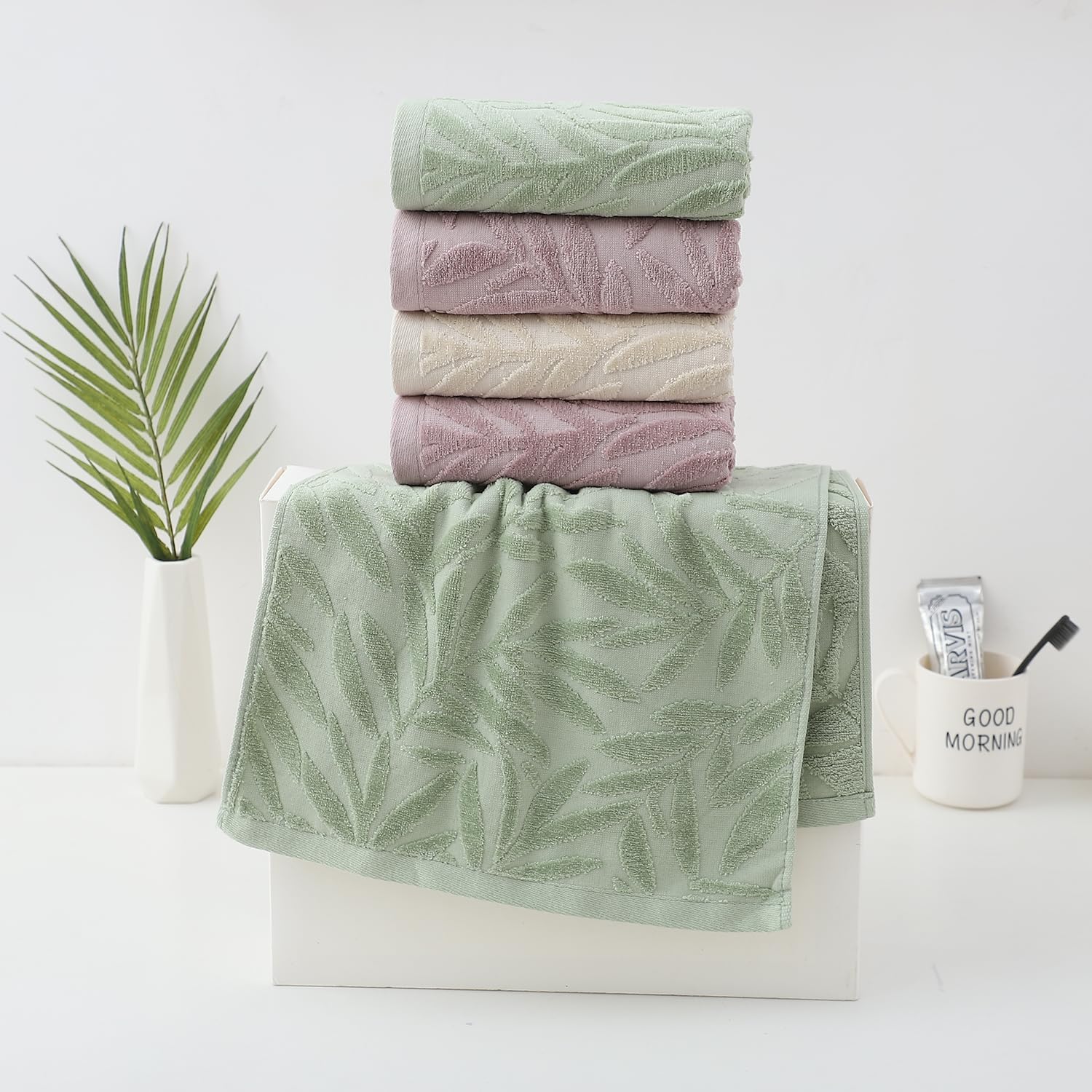 Hand Towels Set of 4 Leaf Pattern 100% Cotton Absorbent Soft Decorative Towel for Bathroom (Light Brown)