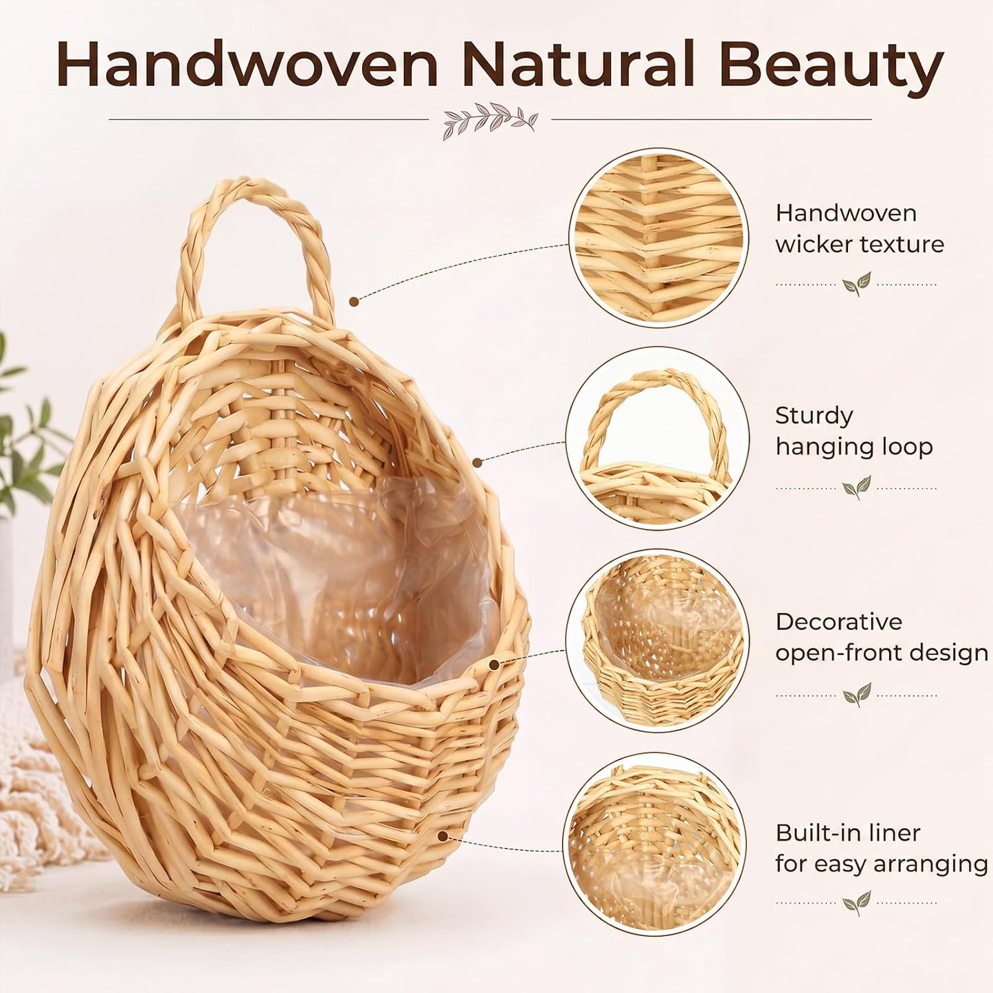 Wicker Hanging Basket 14" and 8" Handmade Woven Wall Hanging Basket for Plant Decorative / Set of 2